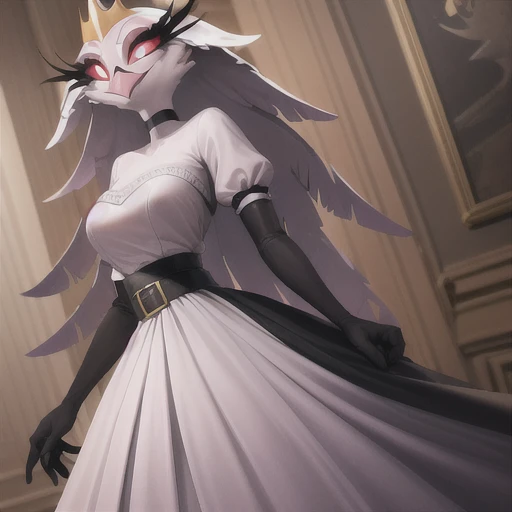 (best quality, masterpiece:1), furry female anthro stella, owl, portrait, Stella dress, white dress, black belt, pink beak, standing, gold crown, looking to the side, closed mouth, smile, wide-eyed, white pupils, elbow gloves, choker,