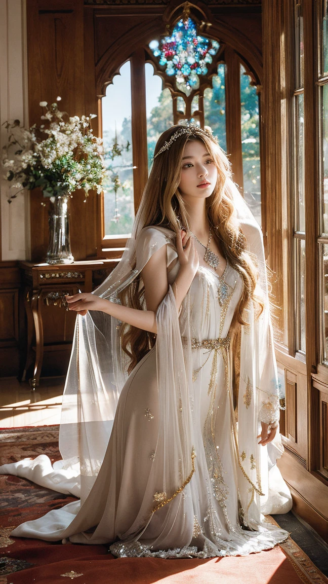 Illustrate a breathtaking scene of a young woman with cascading golden hair and captivating emerald eyes, dressed in a moonlit silk gown adorned with silver embroidery and a shimmering gossamer veil. She wanders through a grand, ancient castle hall, where intricate stained glass windows cast a spectrum of colors onto the stone floors. The room features towering ivy-clad walls, rich tapestries, and a majestic mirror with an ornate, gilded frame. The ambiance is further enhanced by crystal chandeliers that emit a soft, magical light, creating an otherworldly and enchanting atmosphere.