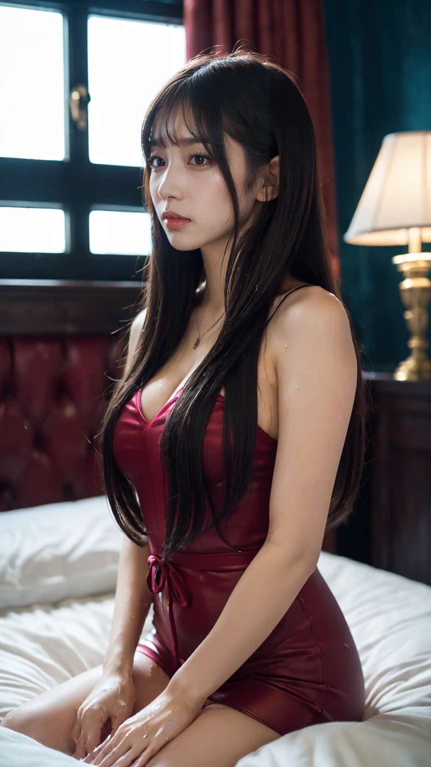 ((masterpiece, Highest quality)),Best aesthetics,(One Girl:1.4),Dark room, Long Hair, On the hotel bed, Don&#39;t look at the audience, Focus Only, Brown eyes, (high school girl:1.4), Blonde ponytail, bangs,smile,Wet Hair,(Big Tits),(alone:1.8),(Wet clothes:1.2),garter belt,(Completely naked, covering breasts and crotch with hands:1.4),bikini tan