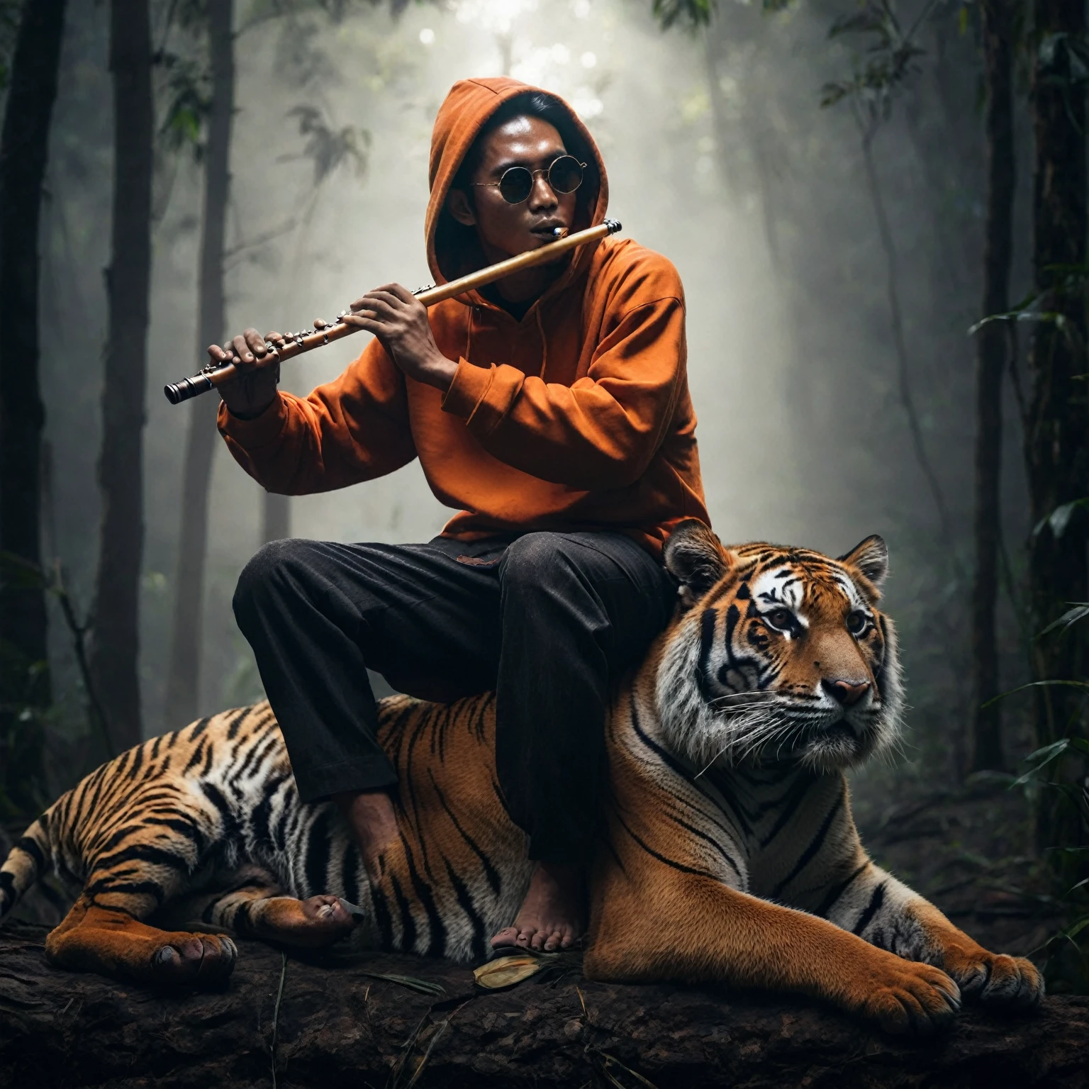a man with a native Indonesian face, 25 years old, oval face, short side parted hair style, very thin body, sun glasses, wearing an orange hoodie, wearing black trousers, wearing black flip flops, sitting on top of a tiger while playing a flute, the atmosphere in the middle of the wilderness was completely dark