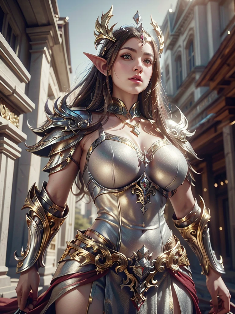 Realistic image cinematic shadows. in the courtyard. of the kingdom. There is Elven Queen, with crown, wearing a necklace around her neck, big mega big round breasts with bra made of steel, with gold ornaments, ((spruce neckline in a silver armor, big gold ornaments. gold edges, hips)) reflecting the sunlight. Facing me