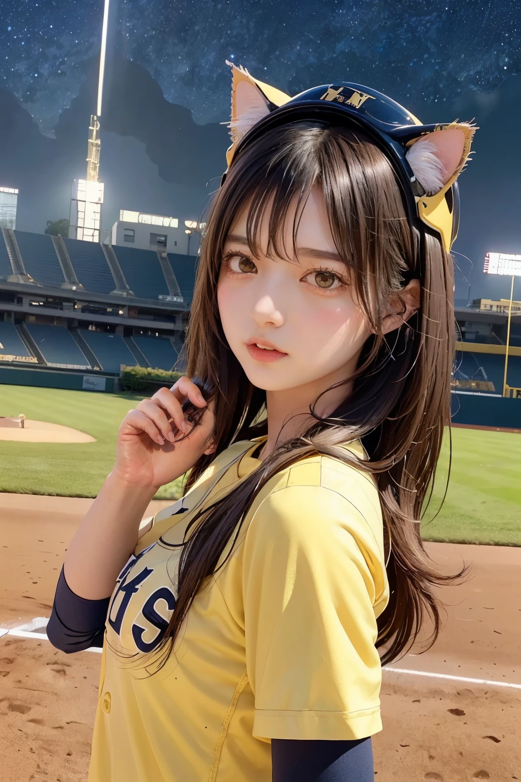 Three Girls, Long Hair, High resolution, Blushing, Open your mouth, Animal ears, Cat ear, Pink eyes, (Baseball uniform:1.3), (Yellow helmet:1.3),Holding Bat,
(Starry Sky:1.6),Masterpiece, (From below:1.4)