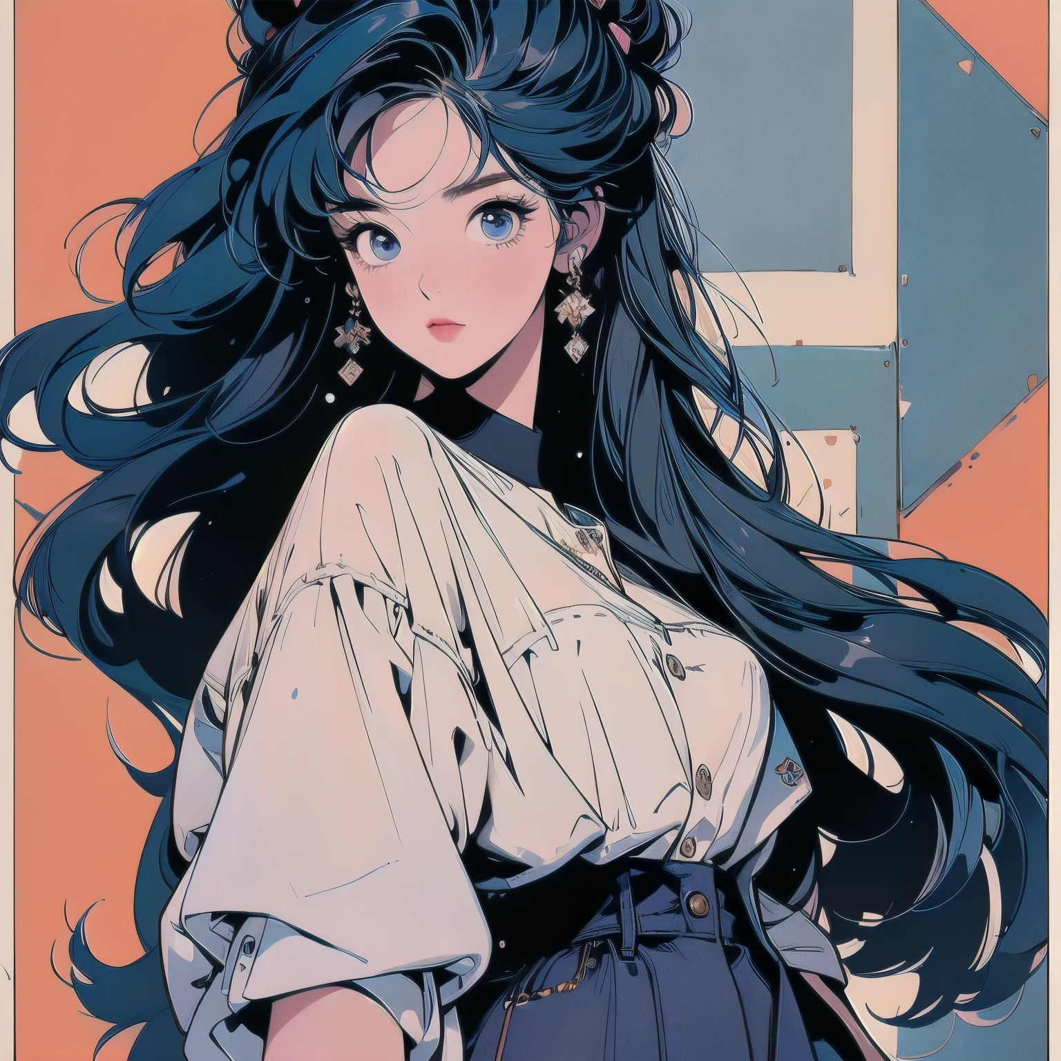 whole body, Upper Body、One beautiful woman, 4K, Warm colors , White blouse、skirt, pedestrian crossing、Signal, 、intersection、Complex background、Blue Hair、Detailed Hair、mysterious、Highest quality、Detailed Hair、Perfect Face、Showa poster、Faint lighting、Sparkling Eyes、A variety of unique hairstyles、Different angles
