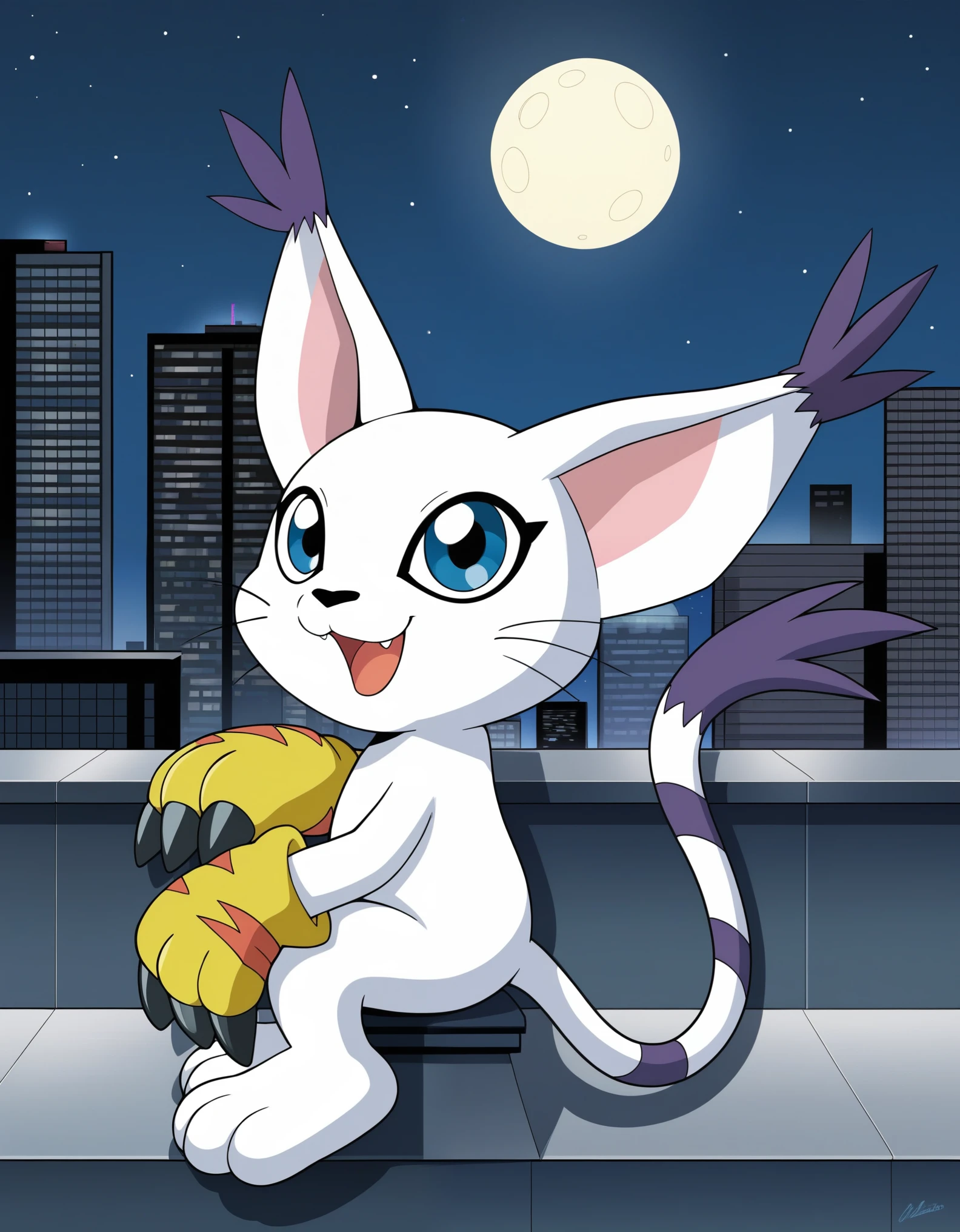 gatomon, black gatomon, ringless, tail ring, solo, looking at viewer, smile, simple background, white background, no humans, :3, standing, full body, closed mouth, outdoors, sky, from side, profile, night, scar, building, night sky, city, cityscape, skyscraper, arm up, jumping, open mouth, :d, sitting, from behind, looking up