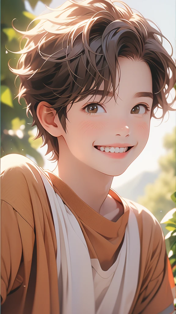 the boy is smiling and wearing a white shirt, transparent background png, solo, smile, 1boy, male focus, looking at viewer, realistic, teeth, brown hair, grin, portrait