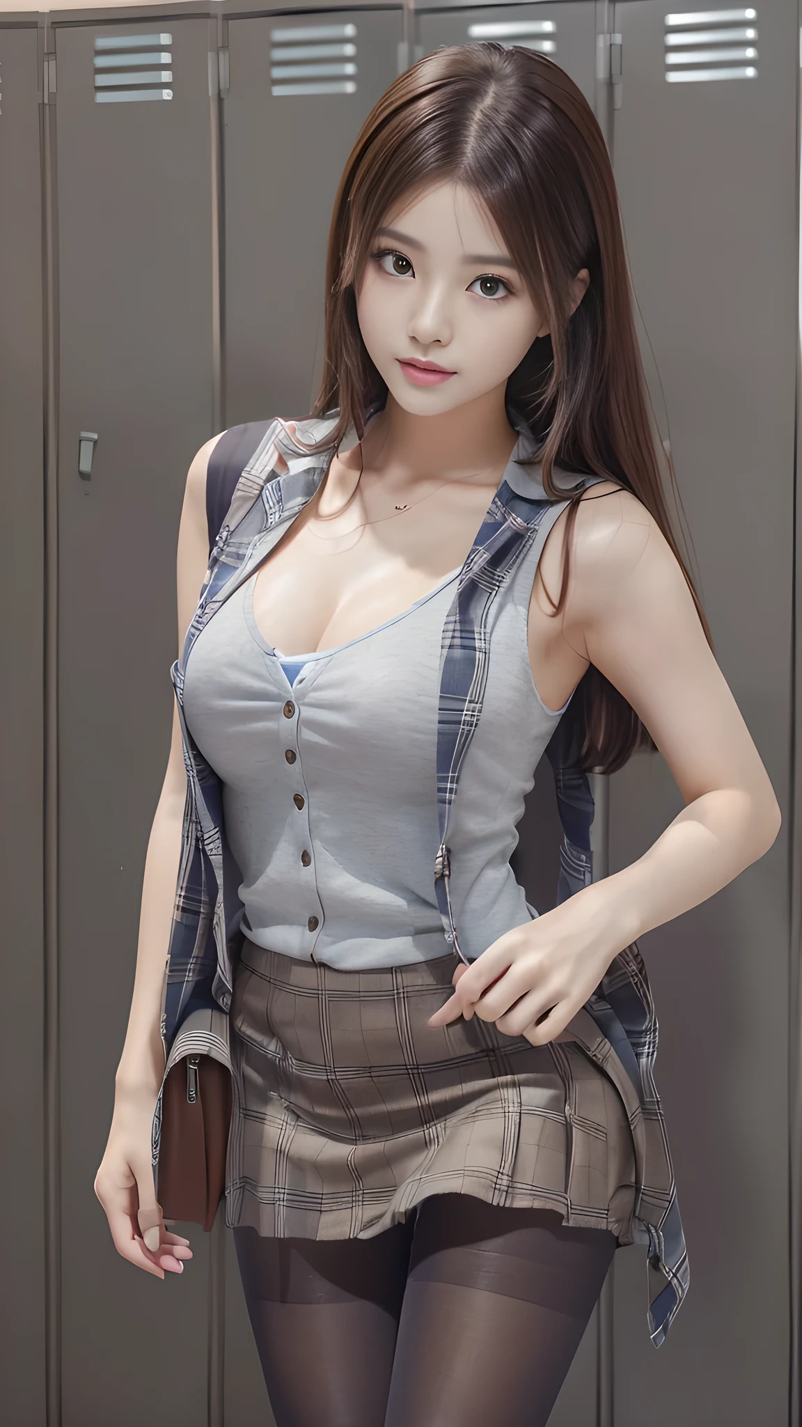 ulzzang-6500-v1.1, (RAW Photos:1.2), (Photorealistic), (Genuine:1.4), 1girl、Perfect Anatomy、20 years old、Looking at the camera、Medium Long Hair、Plaid vest、((Change clothes in the locker room:1.3))、(Ultra-realistic pantyhose:1.2), (High heels)、(Business services)、Asian Eyes Ella,
