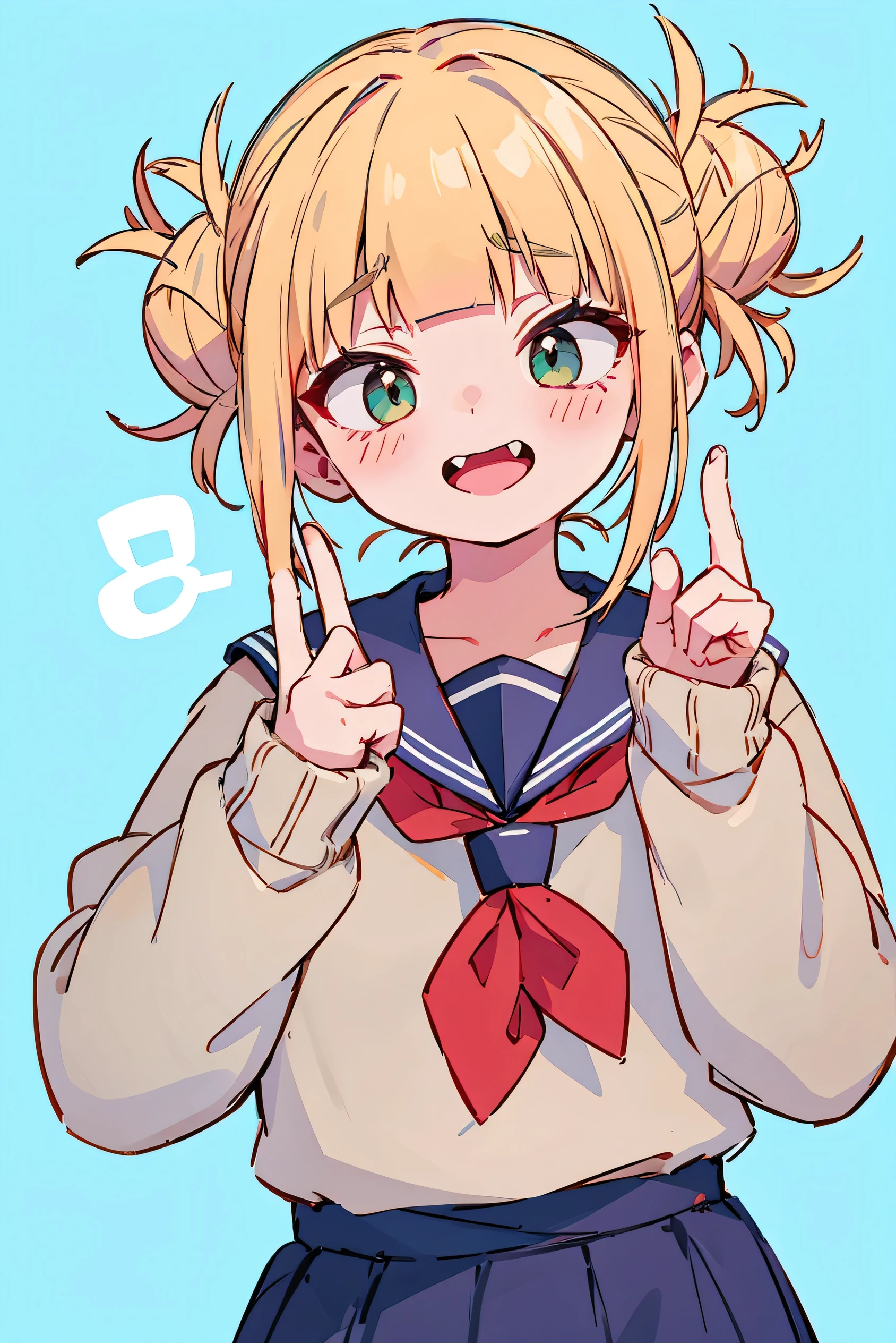 ,score_9、score_8_up、score_7_up、source_anime、masterpiece, Highest quality, Highest quality, Very detailed, alone, Detailed face, himiko toga、BREAK 1girl、Light blue background、Light blue nail、bionde、Blood、Blood from the mouth、青いSailor collar、Blunt bangs、blush、Brown sweater、ダブルのdango、tooth、Fingers on your chin、nail、Brow wrinkles、Green Eyes、Gray background、dango、Raise your hand、Long sleeve、View your viewerulticolored background、Manicure、neckerchief、Open your mouth、Red neckerchief、Sailor collar、Sharp nail、Sharp Teeth、Short Hair、Side Lock、Sleeves below the wrist、smile、独奏、sweater、teeth、tongue、Two Tone Background、Upper Body
