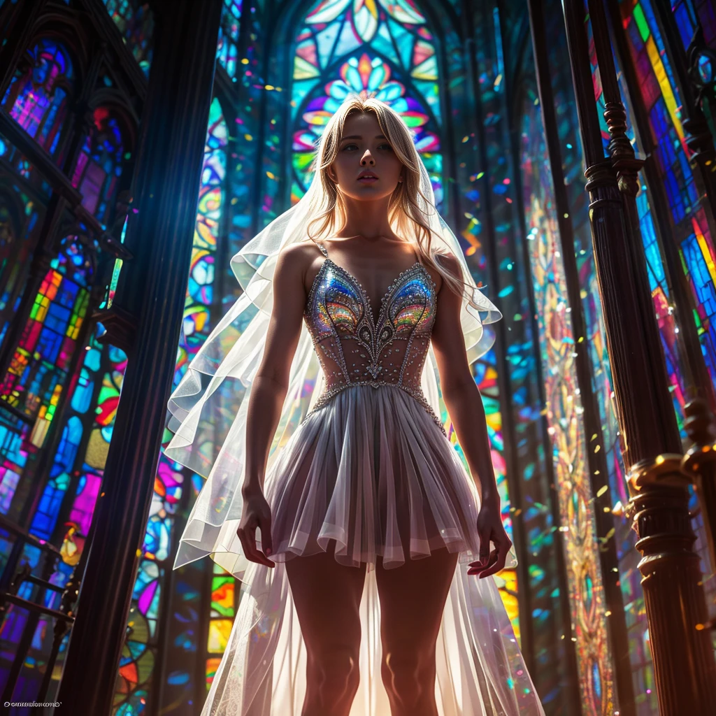 (Cathedral from below:1.28) (ZoomLayer) TopQuality 8K masterpiece of ((Professional photo)), (((Clarisse de Cagliostro))) (Detailed White WeddingDresses), Chain, (((Extremely detailed KAWAII face))) {((VeiledFace))|BlondeHair|(Elaborate BuleEyes)with(SparklingHighlights:1.28)}, The background is distant (((Elaborate stained glass))) Rainbow Glass, {(MysticSight)|EnchantingAtmosphere|Haze|(GodRays)|TyndallEffect}, Radiant PearlSkin with Transparency, (Exposed:0.39)