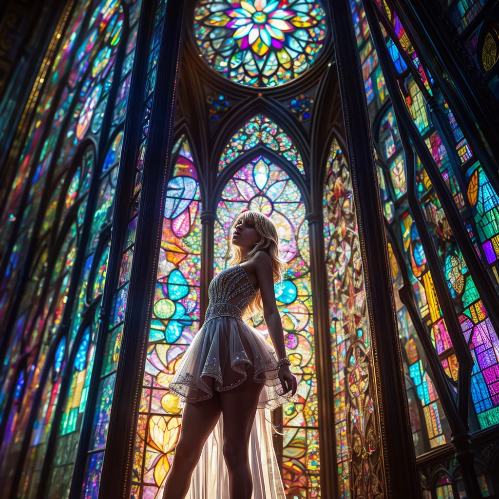 (Cathedral from below:1.28) (ZoomLayer) TopQuality 8K masterpiece of ((Professional photo)), (((Clarisse de Cagliostro))) (Detailed White WeddingDresses), Chain, (((Extremely detailed KAWAII face))) {((VeiledFace))|BlondeHair|(Elaborate BuleEyes)with(SparklingHighlights:1.28)}, The background is distant (((Elaborate stained glass))) Rainbow Glass, {(MysticSight)|EnchantingAtmosphere|Haze|(GodRays)|TyndallEffect}, Radiant PearlSkin with Transparency, (Exposed:0.39)