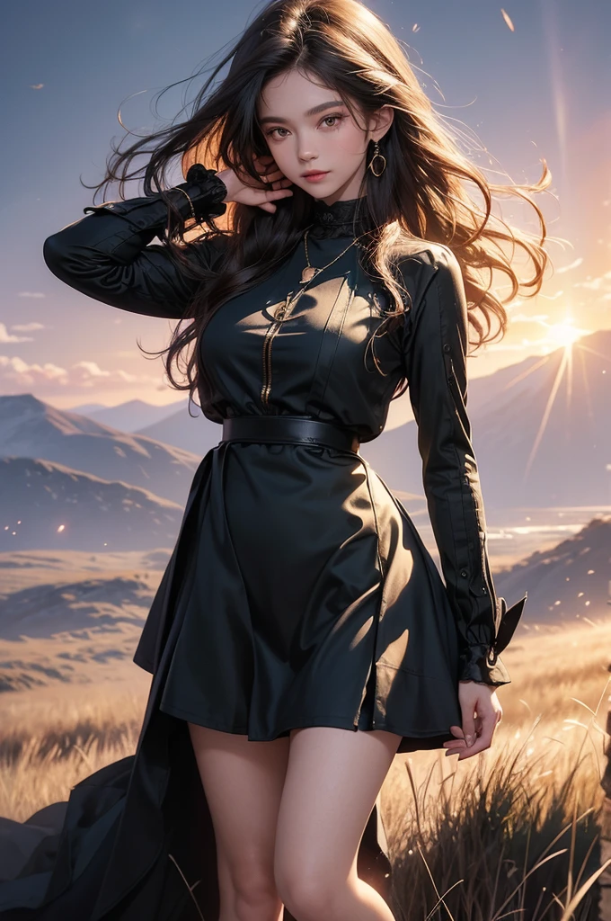 1 girl in a field with grass on top of a mountain, sunset in the background with sun rays reflecting in the image, long curly hair, dark green eyes, slight smile on her face, she is wearing a black dress that partially covers oss only in the middle from one side to the other, one of the legs breasts exposed by the dress, intricate digital painting, highly detailed, soft and sharp focus, illustration, unreal 5, 8 k,