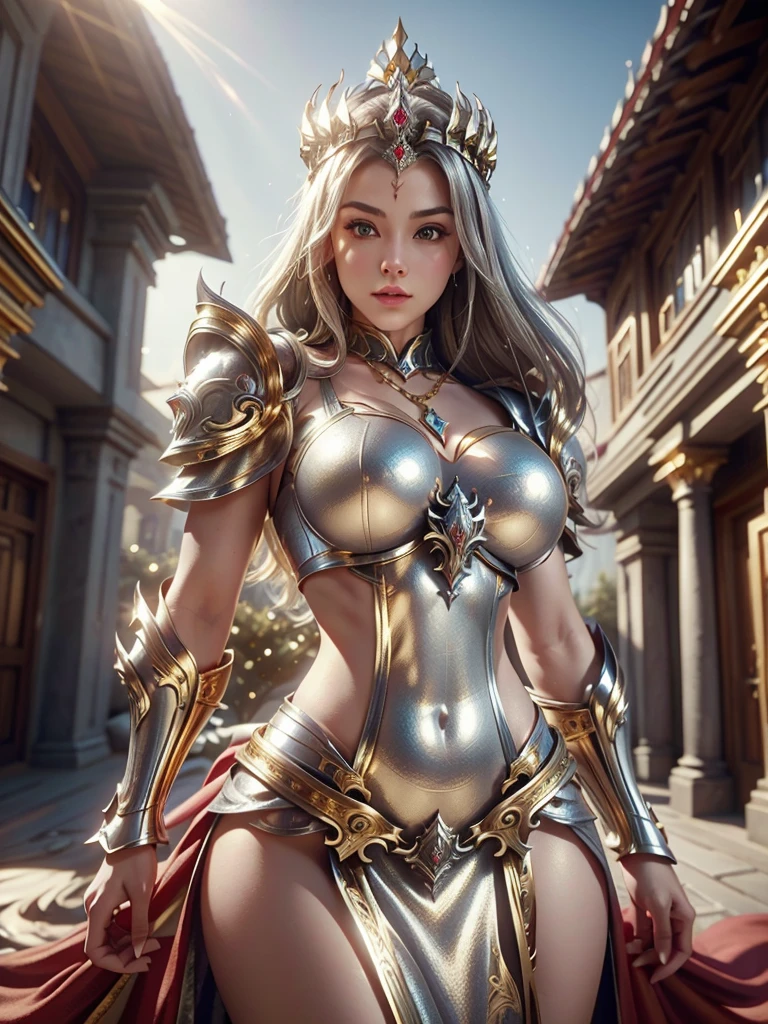 Realistic image cinematic shadows. in the courtyard. of the kingdom. There is Elven Queen, with crown, wearing a necklace around her neck, big mega big round breasts with bra made of steel, with gold ornaments, ((spruce neckline in a silver armor, big gold ornaments. gold edges, hips)) reflecting the sunlight. Facing me