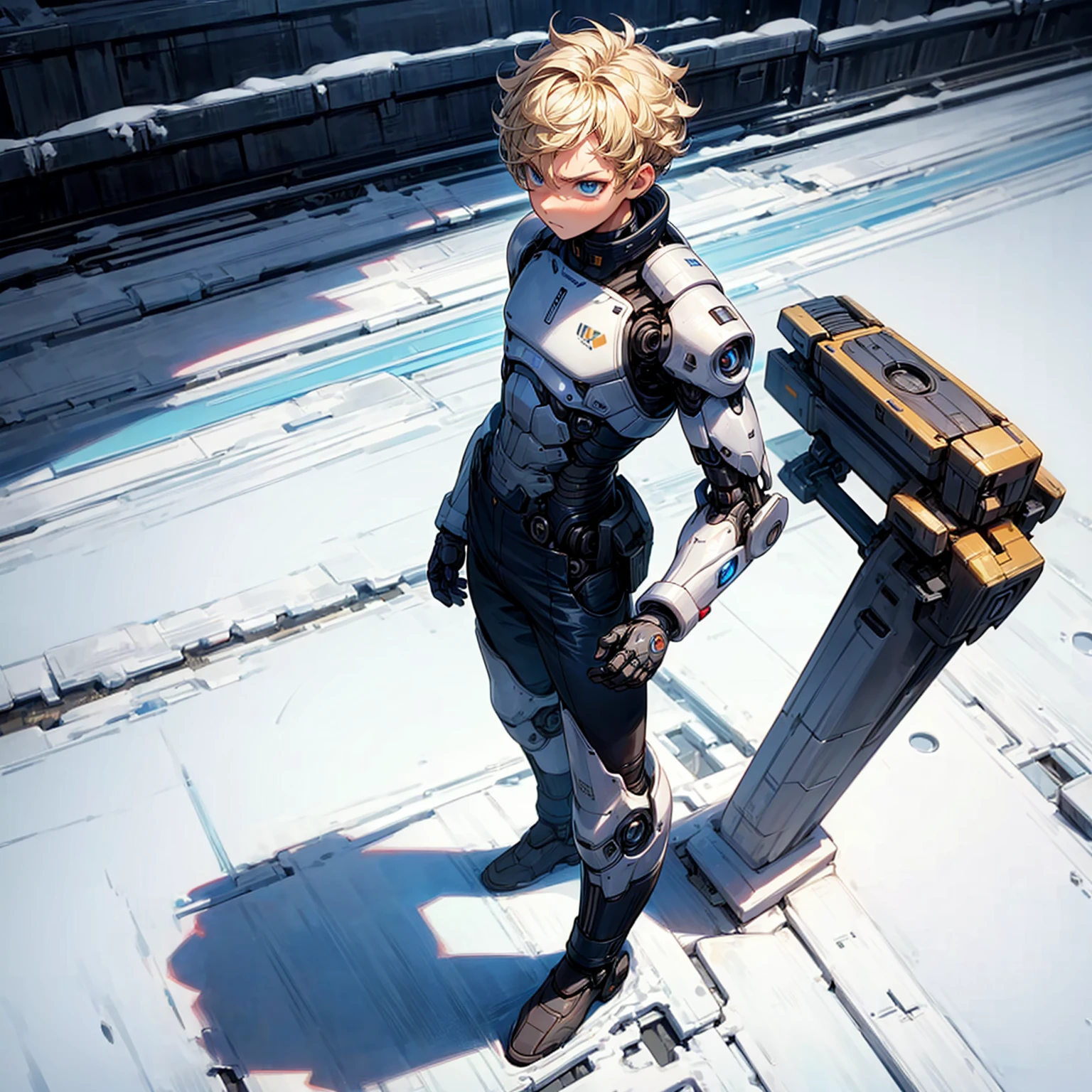 Ultra detailed, full background, Full body version, Grassroots, background in snow field, (solo, boy, cyborg, blue eyes, angry eyes, blonde color hair, short Curly hairstyle, pants, Boots), standing gesture, full robotic outfit, high angle view