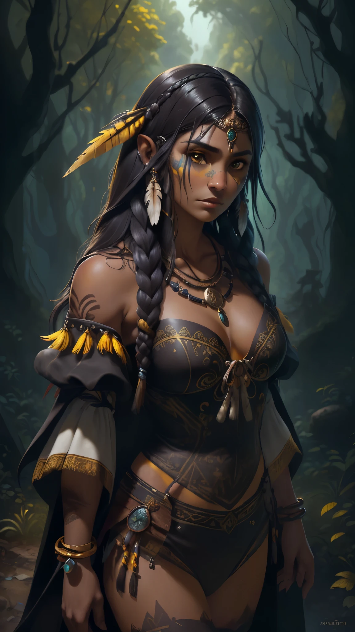 (La mejor calidad,A high resolution,Ultra - detallado,actual),Ariana Grande es una American native Indian, plumas en la cabeza ,(Native American:1.4), (dark ebony skin:1.4) ,(vestimenta yellow native American :1.4), feather,hair ornaments,jewelry,necklace,Tribal,Head ornament,Bracelet,Face Paint,Braiding,bracelet, Wow_fast_no_Freezing_style, One girl in full growth,(Fondo Los pastizales y matorrales :1.4), (Fondo de ruinas de mazmorra en ruinas selva pradera :1.4 ), Epic Fantasy Art Style HD, 4K fantasy art, epic fantasy digital art style, epic fantasy art style, Fantasy Woman, epic fantasy art portrait, Epic fantasy style, hyperrealistic fantasy art, hd fantasy art, Epic fantasy character art, epic fantasy art, in style of dark fantasy art, epic fantasy digital art, (pose vaquero), (anatomía perfecta :1.4),( fondo bosque árboles grandes pradera :1.4),( estilo encaje lingerie white :1.4), (face detailed America native :1.4), (native American :V2.1),( pose vaquero), (fondo árboles grandes atoño :1.4), (dark ebony skin:1.4)
