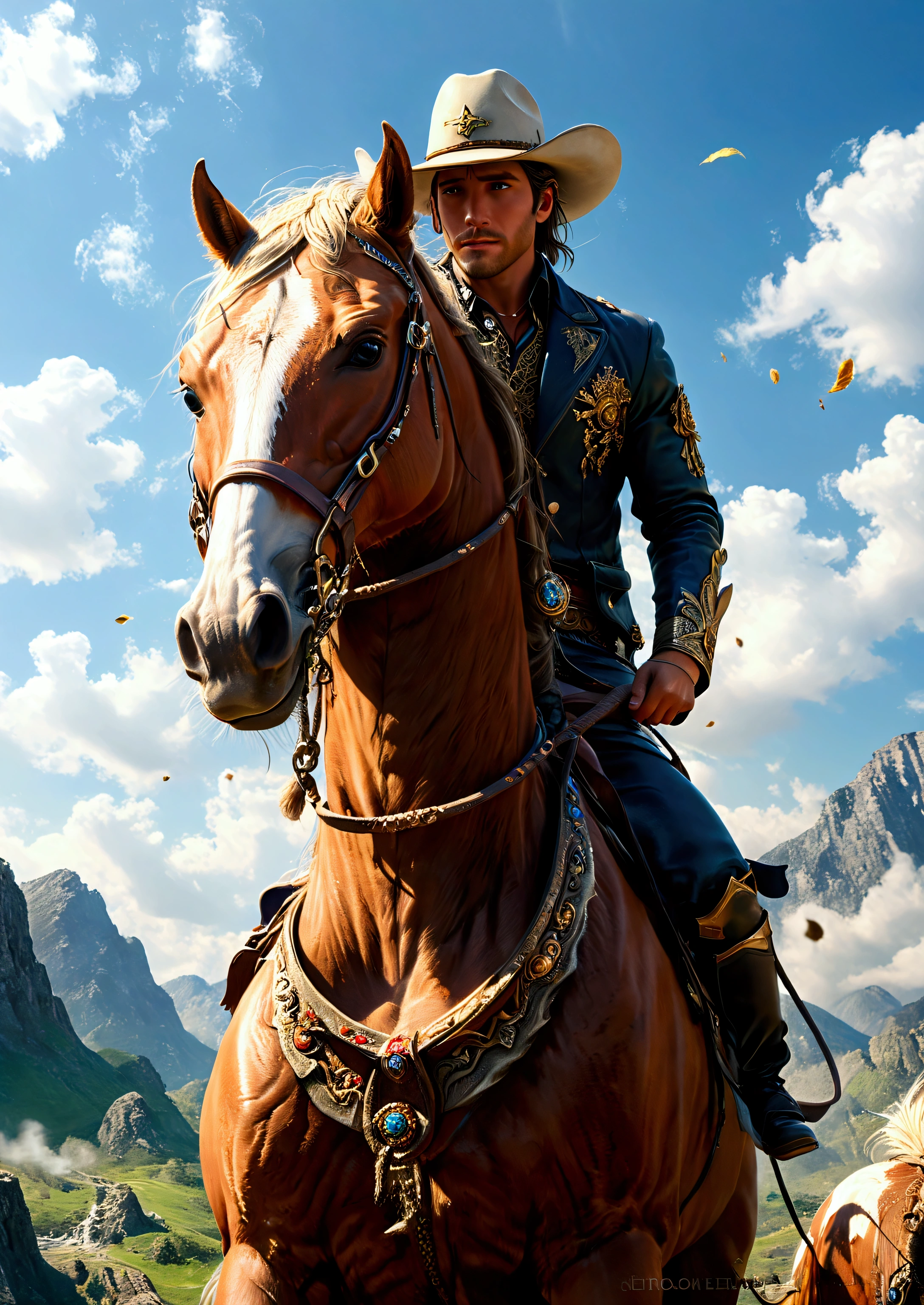 quality\(8k,wallpaper of extremely detailed CG unit, ​masterpiece,hight resolution,top-quality,top-quality real texture skin,hyper realisitic,increase the resolution,RAW photos,best qualtiy,highly detailed,the wallpaper,cinematic lighting,ray trace,golden ratio\), BREAK ,solo,1man\(cowboy,riding 1horse,cowboy_hat, cigarette,big smile,full body, holding lariat rope\), BREAK ,1horse\(big, wild rampage horse, very beautiful, white,full body,jumping\), BREAK ,(dynamic action:1.5),(dynamic angle:1.6),western wilderness