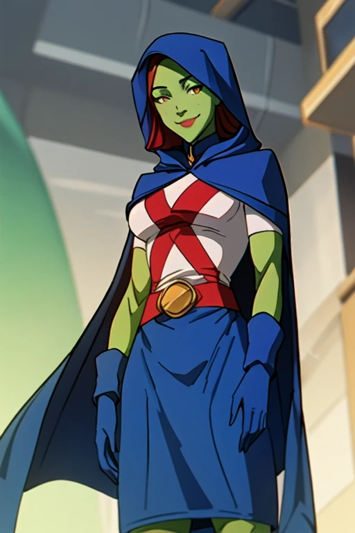 MissMartianYJ, girl1, solo, orange eyes, green skin, hair, White shirt, red X logo, blue gloves, hooded cloak, blue cape, short sleeves, blue skirt, smile, Masterpiece, Best Quality, Breasts, From below, standing