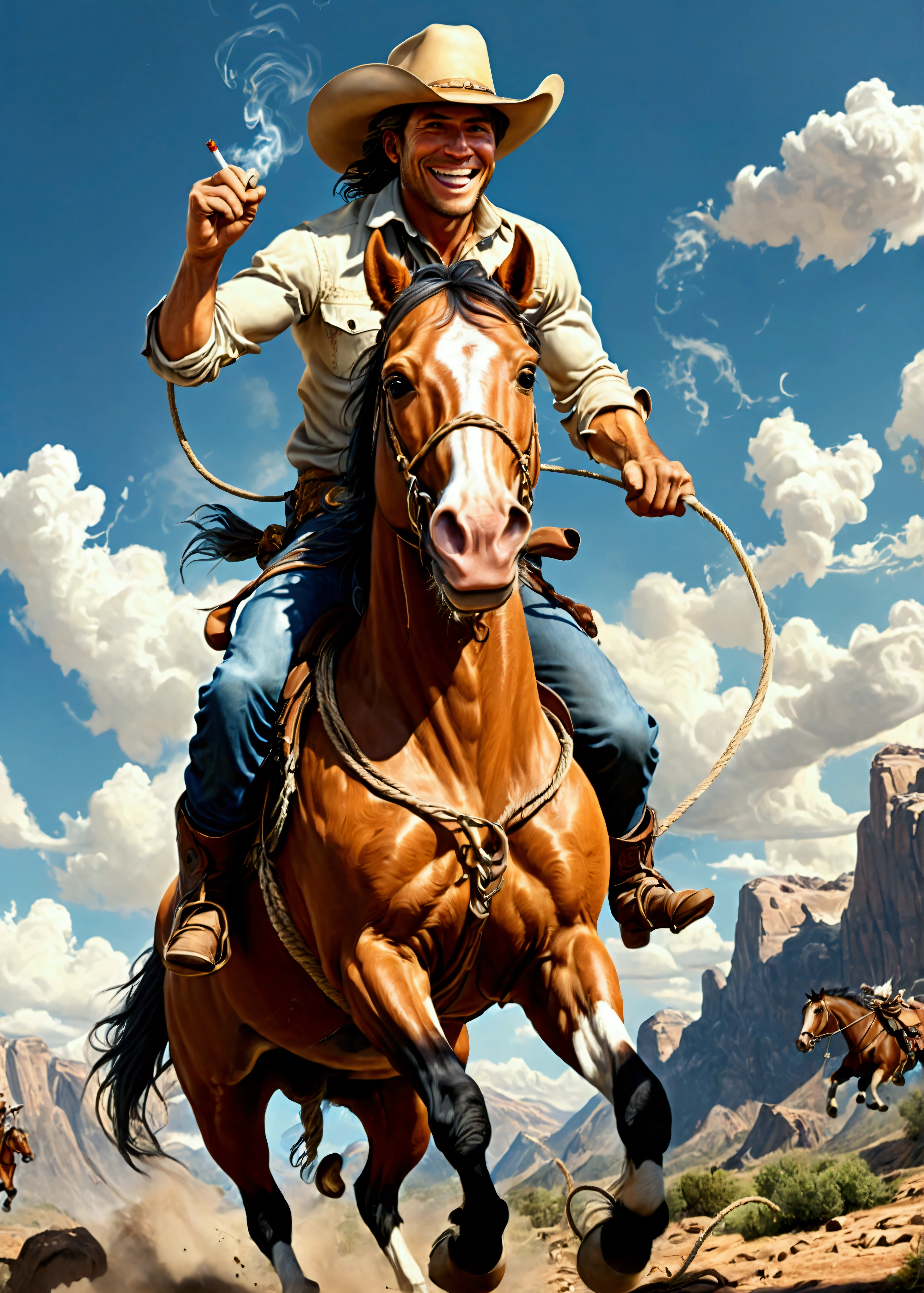 quality\(8k,wallpaper of extremely detailed CG unit, ​masterpiece,hight resolution,top-quality,top-quality real texture skin,hyper realisitic,increase the resolution,RAW photos,best qualtiy,highly detailed,the wallpaper,cinematic lighting,ray trace,golden ratio\), BREAK ,solo,1man\(cowboy,riding 1horse,cowboy_hat, cigarette,big smile,full body, holding lariat rope\), BREAK ,1horse\(big, wild rampage horse, very beautiful, white,full body,jumping\), BREAK ,(dynamic action:1.5),(dynamic angle:1.6),western wilderness