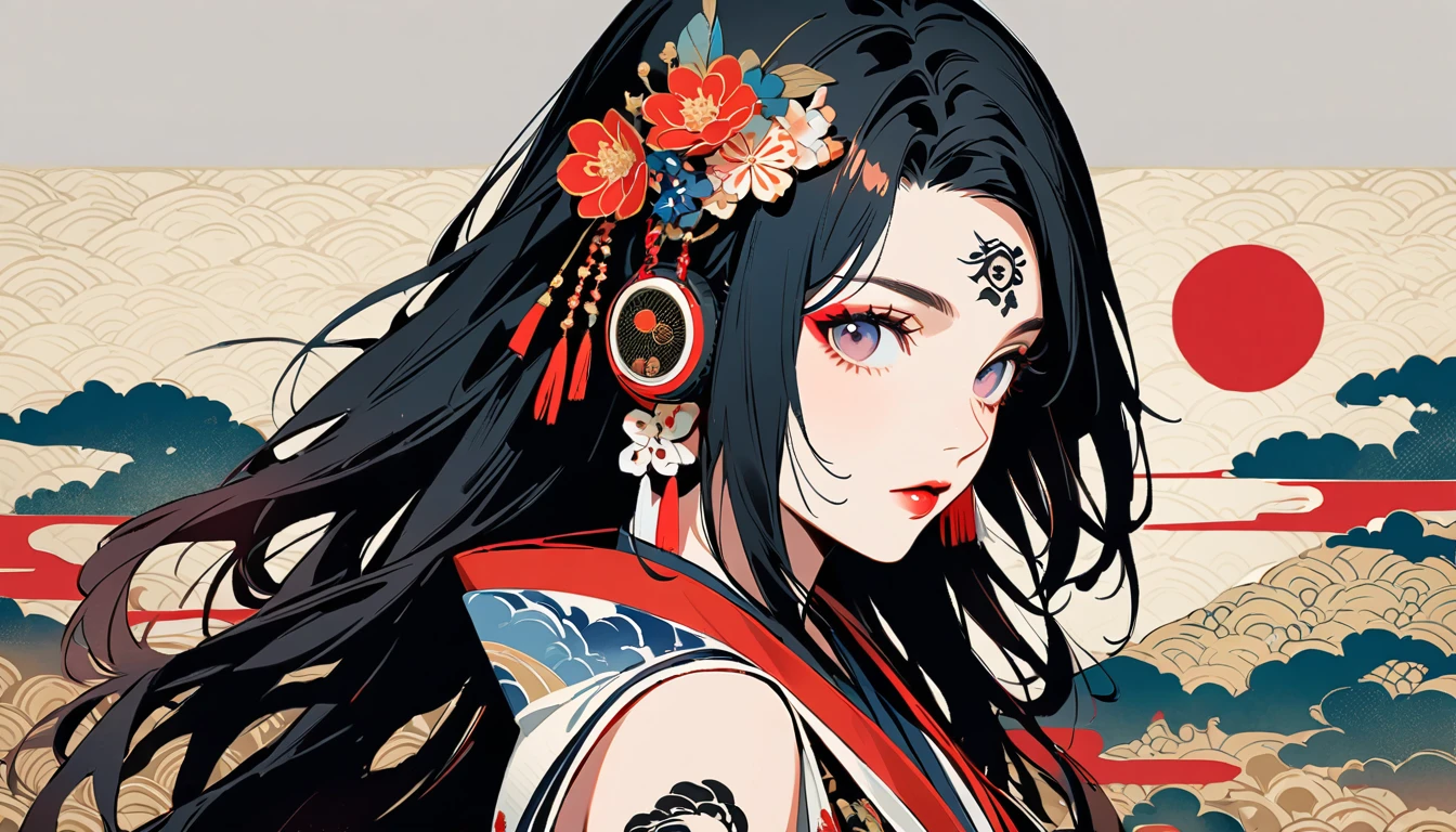 (((Ink Painting))), Fashion portrait color photos, (((1 girl))), (((Tattoo in the center of the forehead))), (((Very flashy hair accessories))), (((Very flashy makeup))), Japanese style headphones, Japan人の美少女, Black Hair, Delicate and precise, Modern ukiyo-e style,Japan, Japanese flag