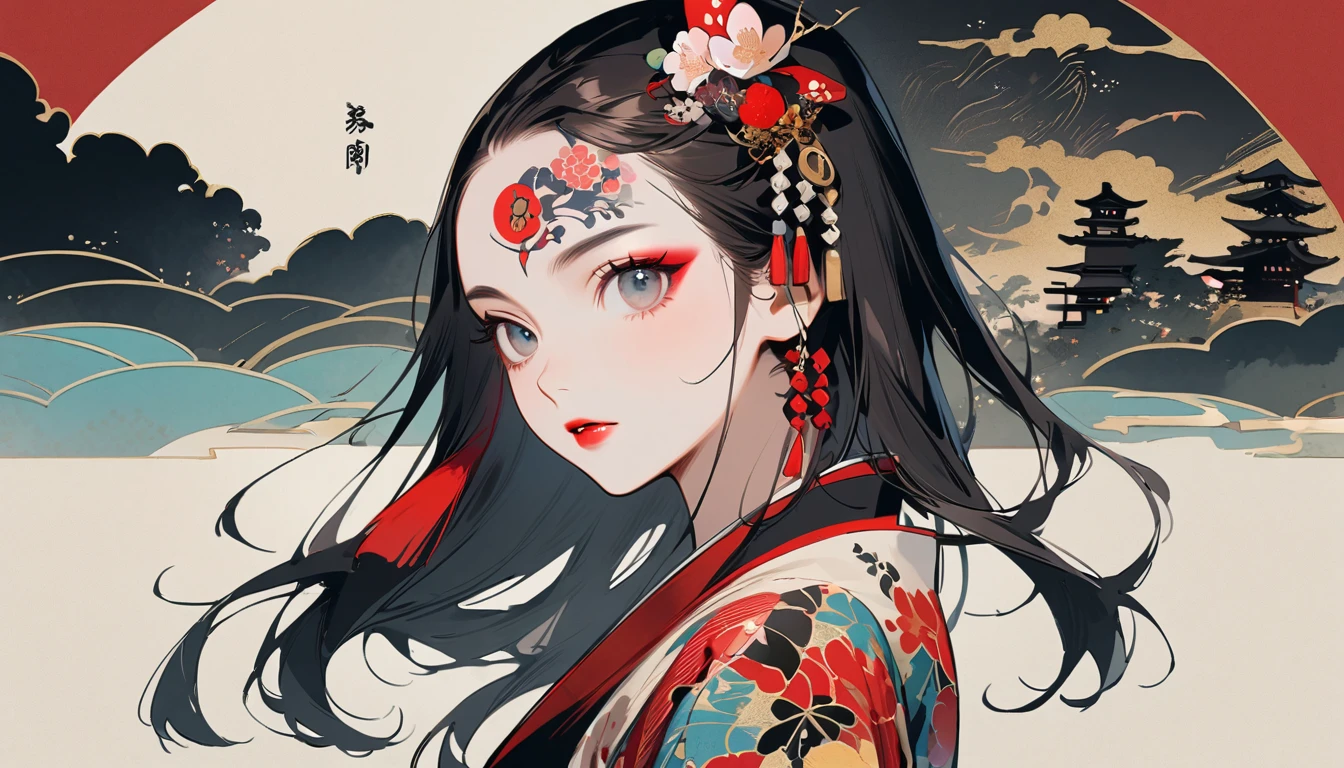(((Ink Painting))), Fashion portrait color photos, (((1 girl))), (((Tattoo in the center of the forehead))), (((Very flashy hair accessories))), (((Very flashy makeup))), Japanese style headphones, Japan人の美少女, Black Hair, Delicate and precise, Modern ukiyo-e style,Japan, Japanese flag