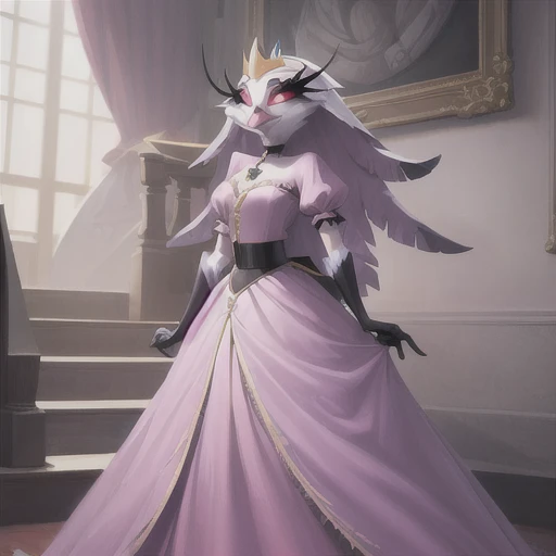 (best quality, masterpiece:1), furry female anthro stella, owl, portrait, Stella dress, white dress, black belt, pink beak, standing, gold crown, long skirt, blue cape,blue cloak, looking to the side, closed mouth, smile, wide-eyed, white pupils, elbow gloves, choker,