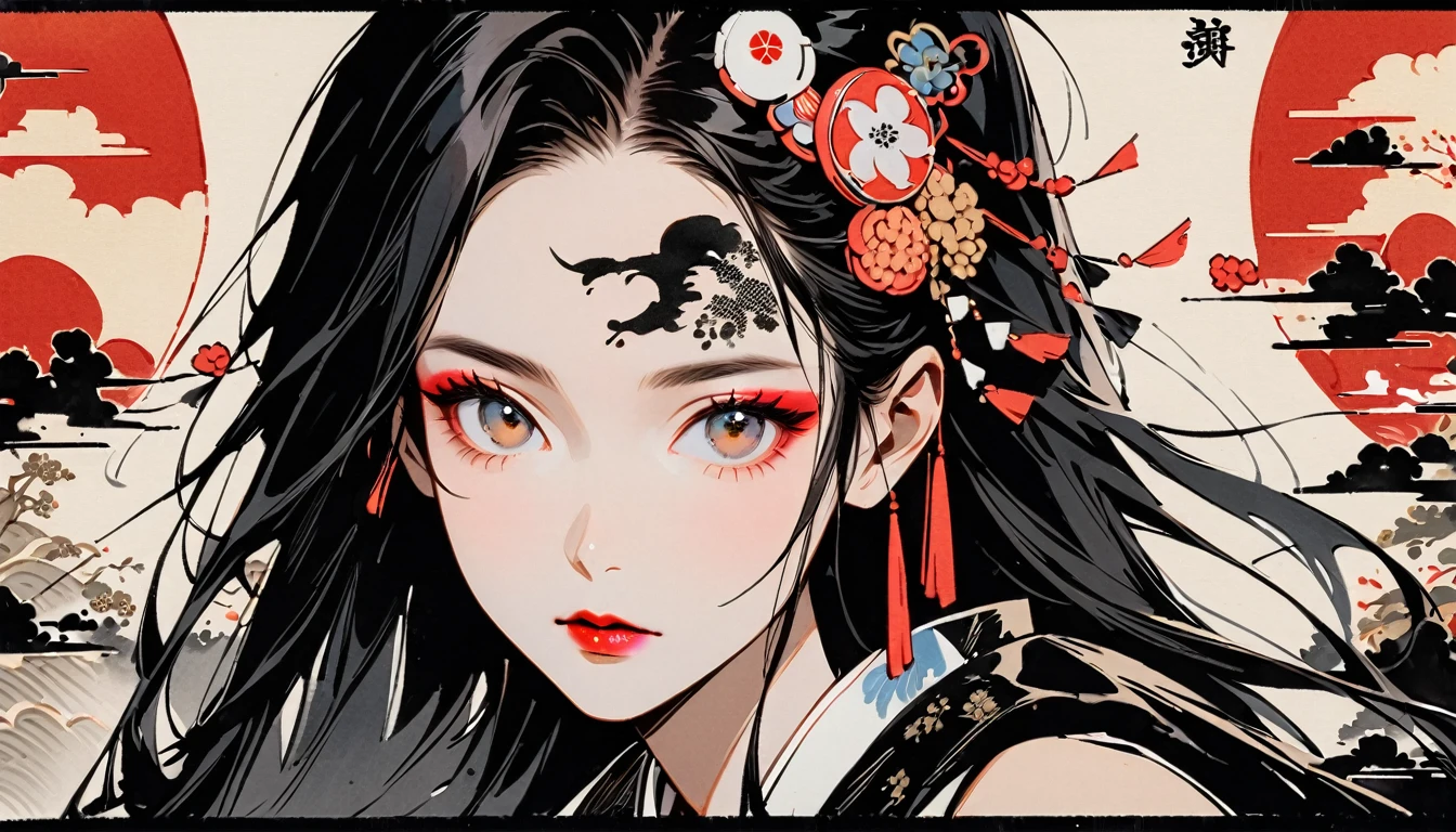 (((Ink Painting))), Fashion portrait color photos, (((1 girl))), (((Tattoo in the center of the forehead))), (((Very flashy hair accessories))), (((Very flashy makeup))), Japanese style headphones, face close-up, Japan人の美少女, Black Hair, Delicate and precise, Modern ukiyo-e style,Japan, Japanese flag