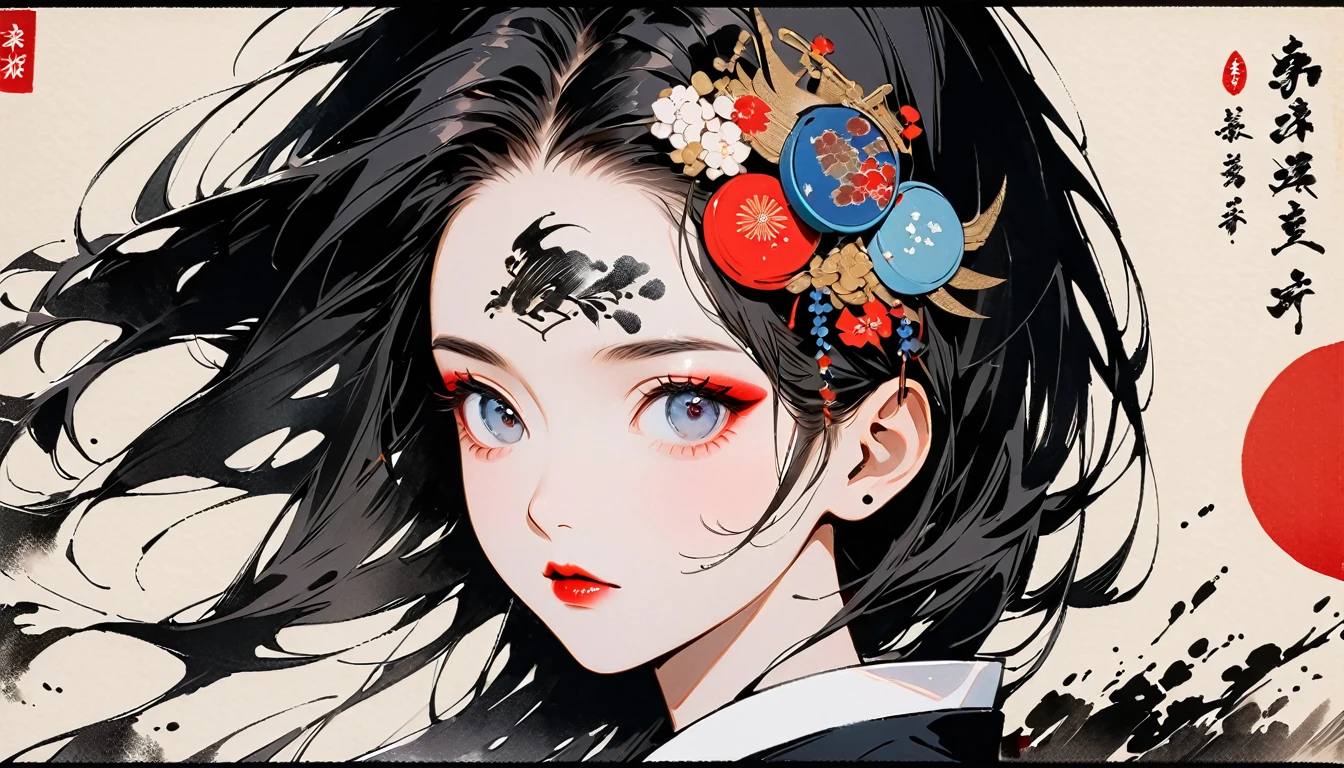 (((Ink Painting))), Fashion portrait color photos, (((1 girl))), (((Tattoo in the center of the forehead))), (((Very flashy hair accessories))), (((Very flashy makeup))), Japanese style headphones, face close-up, Japan人の美少女, Black Hair, Delicate and precise, Modern ukiyo-e style,Japan, Japanese flag