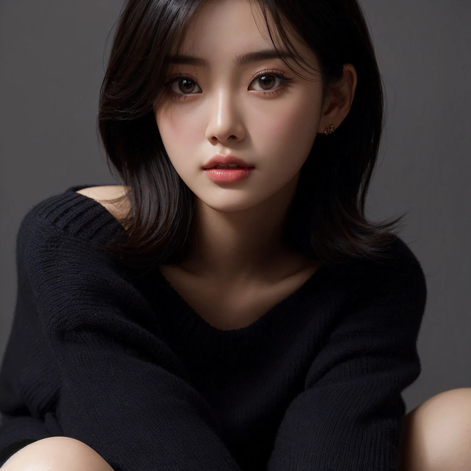 Create a realistic, UHD, 8K visual of a young korean woman, slightly overweight, full body Esbian, Black sweater, Kneeling, sitting down on the floor, extremely delicate face, Detailed eyes, very intricate, perfect glossy shiny skins, Perfect Lighting, Detailed Lighting, Dramatic shadows, Ray tracing,