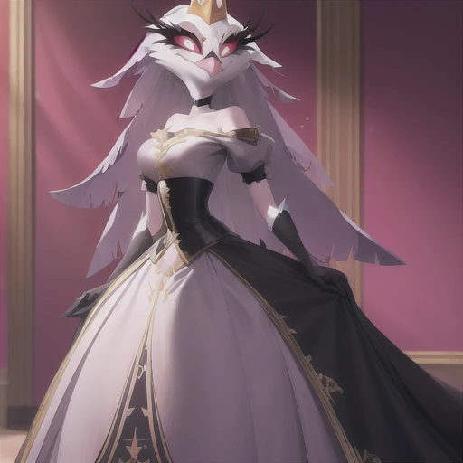 (best quality, masterpiece:1), furry female anthro stella, owl, portrait, Stella dress, white dress, black belt, pink beak, standing, gold crown, long skirt, cape, cloak, looking to the side, closed mouth, smile, wide-eyed, white pupils, elbow gloves, choker, sitting