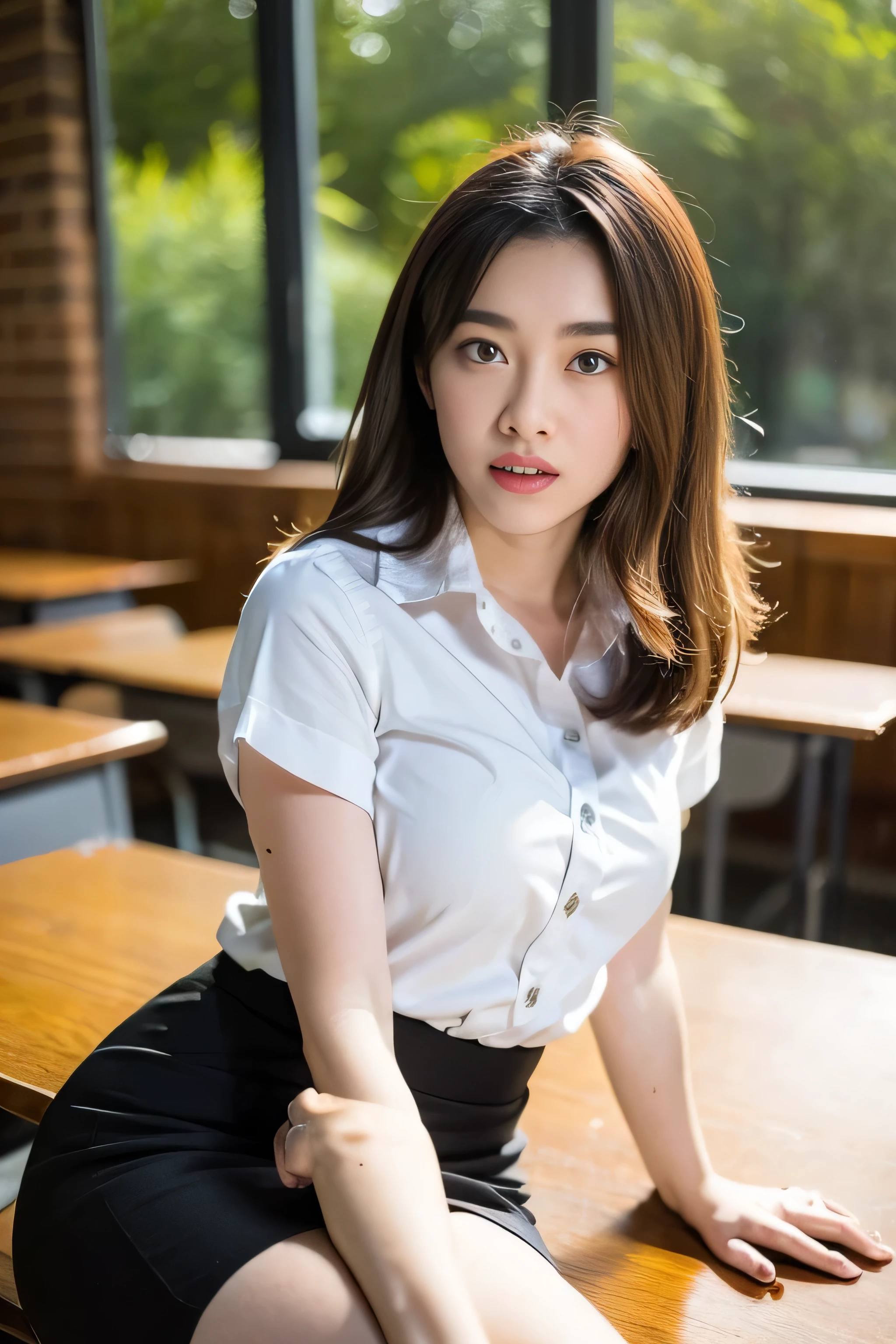 Close up,1 girl{{A beautiful woman wearing a white short-sleeved shirt and a short black A-line skirt}} sits with her legs spread apart on a lecture table in the classroom, striking a sexy pose.  with several lecture tables set up behind it  There is a sliding glass window.  There was evening light streaming into the room.