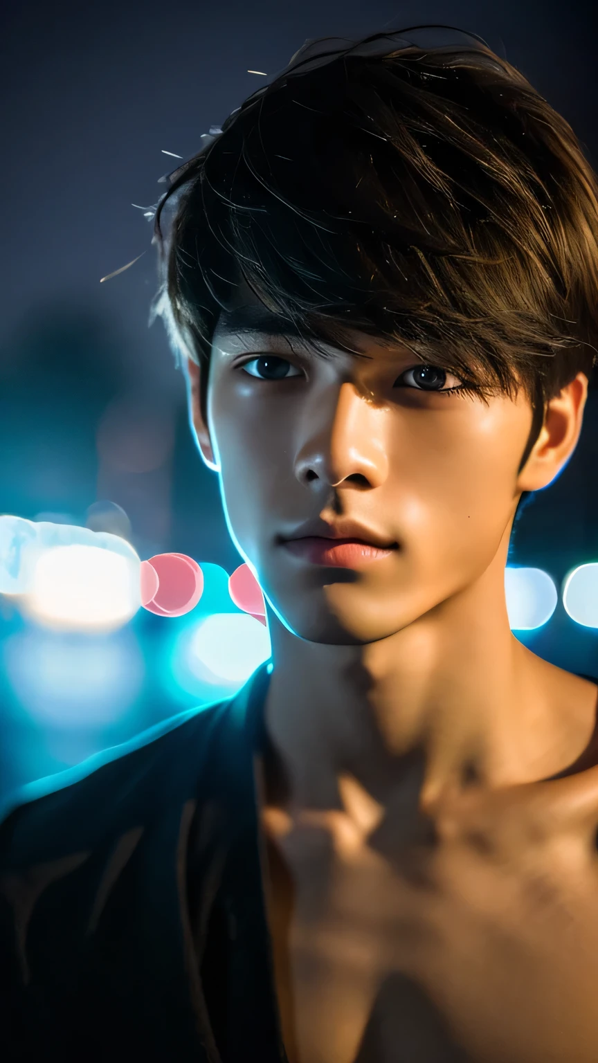 Highest quality, masterpiece, Ultra-high resolution, (Realistic: 1.4), Original photo, wallpaper, Head Photo, skin, Simple Background, Iris, detailed, Selfie, 1 boy, 18-year-old, good looking, Wind, Night view