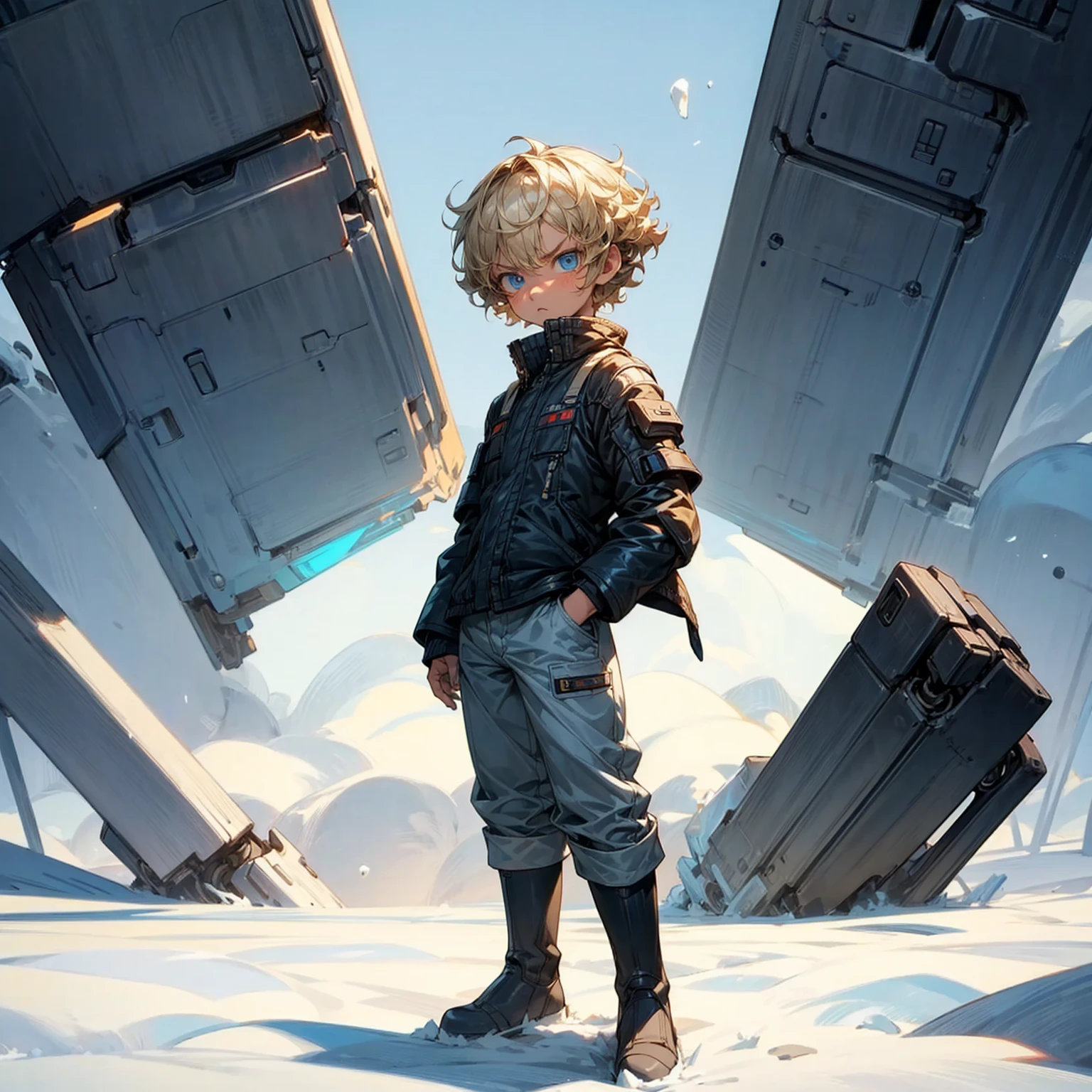 Ultra detailed, full background, Full body version, Grassroots, background in snow field, (solo, kid boy, cyborg, blue eyes, angry eyes, blonde color hair, short Curly hairstyle, pants, Boots), standing gesture, high angle view 