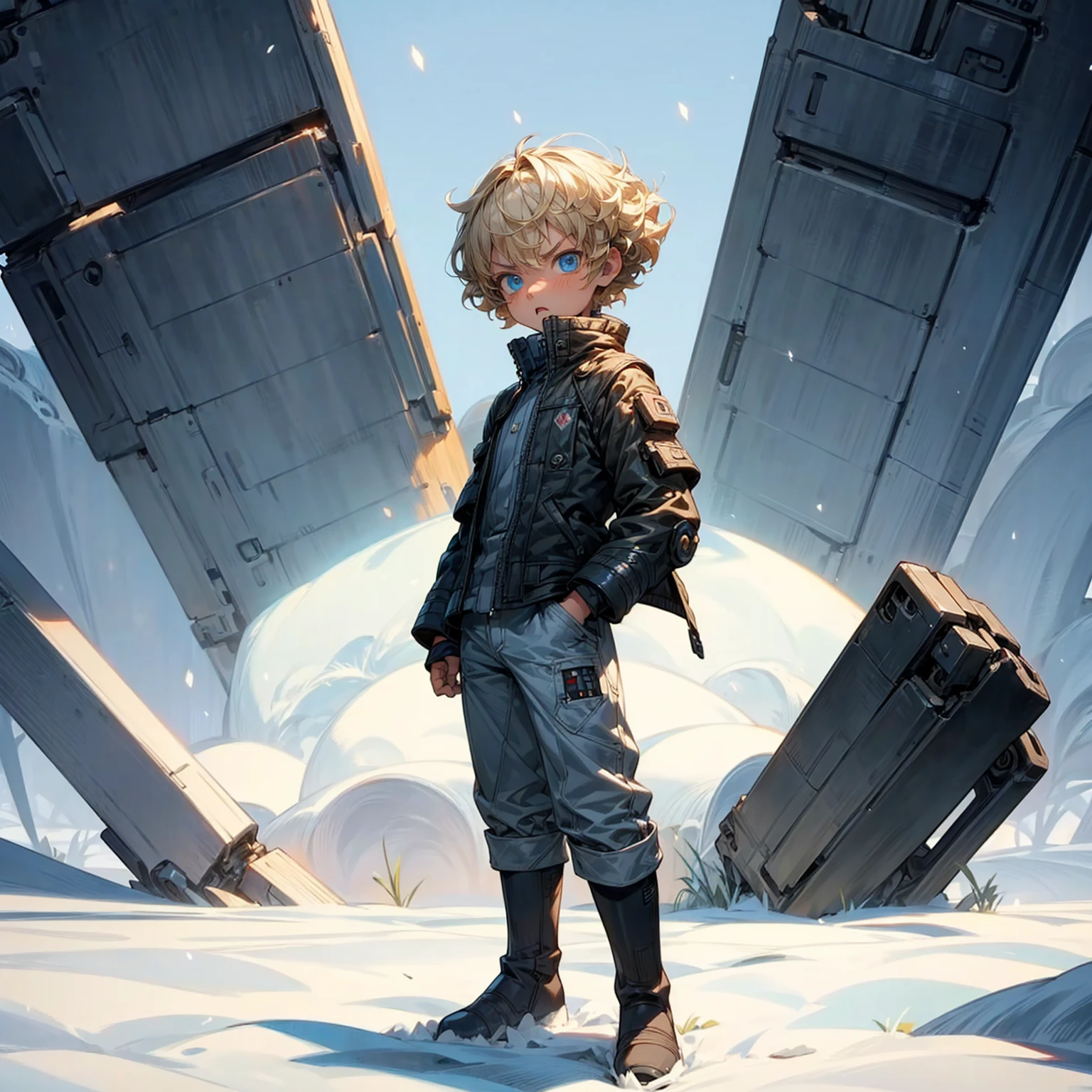 Ultra detailed, full background, Full body version, Grassroots, background in snow field, (solo, ??? boy, cyborg, blue eyes, angry eyes, blonde color hair, short Curly hairstyle, pants, Boots), standing gesture, high angle view 
