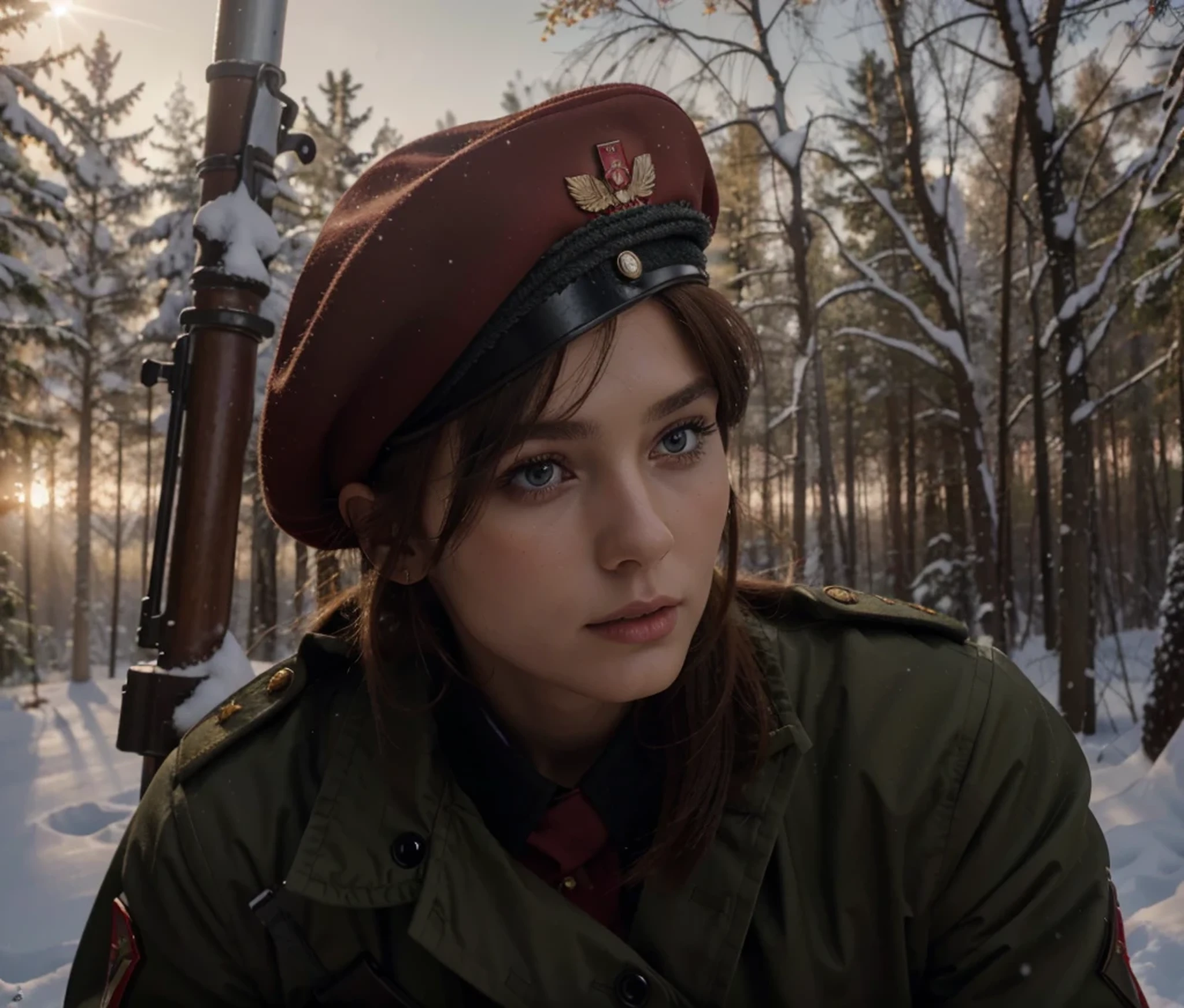 Beautiful Soviet female soldier, the most beautiful Polish face, Red-brown hair, red military beret with Polish shield, brown military Soviet style uniform with dark red details, carries a machine gun, belt with ammunition and transmitter, stands in a Polish forest, snowy day, red sky, epic, 4k, Ultra detailed image, realistic, Highly detailed, perfect composition, splendid, Intricately detailed, Incredibly detailed, 8 k artistic photography, hyper detailed, Masterpiece, Ultra detailed, hyper realistic