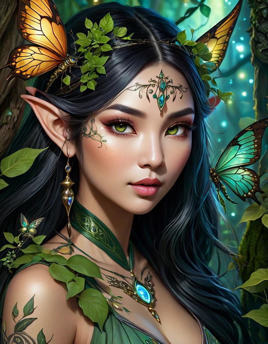1girl,beautiful detailed eyes,beautiful detailed lips,extremely detailed face and skin,long eyelashes,busty asian elf woman,druidess priestess sorceress witch,vine tattoo,earthy forest setting,nature magic,fae feline,sparkling fireflies and dragonflies,best quality,8k,highres,masterpiece,ultra-detailed,realistic,photorealistic,studio lighting,vivid colors,intricate details,fantasy art