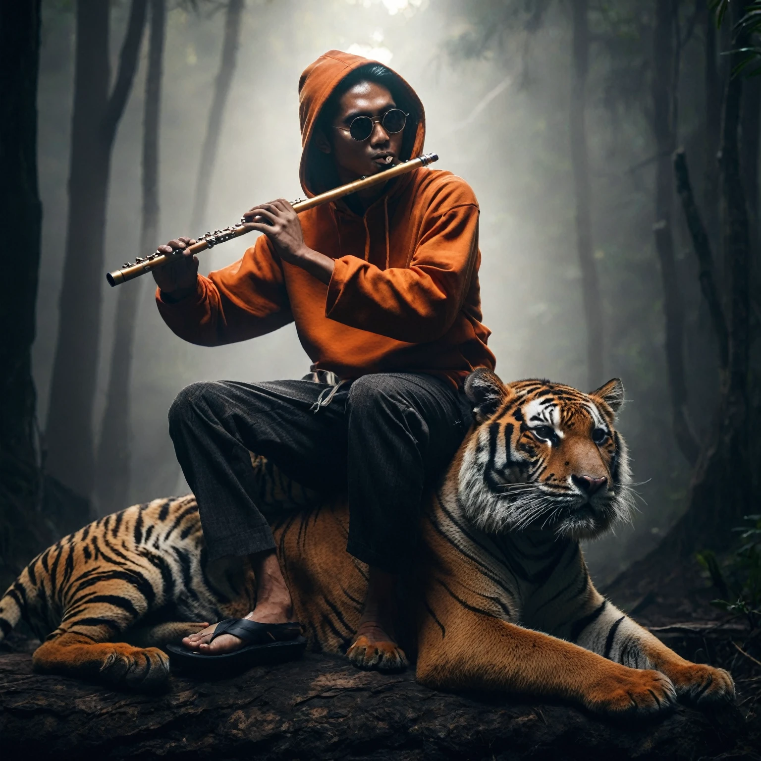 a man with a native Indonesian face, 25 years old, oval face, short side parted hair style, very thin body, sun glasses, wearing an orange hoodie, wearing black trousers, wearing black flip flops, sitting on top of a tiger while playing a flute, the atmosphere in the middle of the wilderness was completely dark