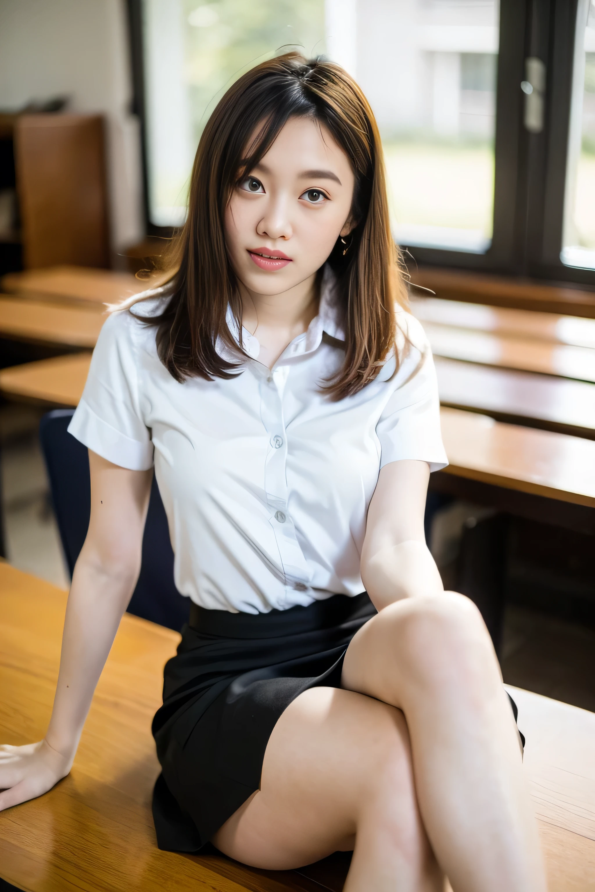 Close up,1 girl{{A beautiful woman wearing a white short-sleeved shirt and a short black A-line skirt}} sits with her legs spread apart on a lecture table in the classroom, striking a sexy pose.  with several lecture tables set up behind it  There is a sliding glass window.  There was evening light streaming into the room.