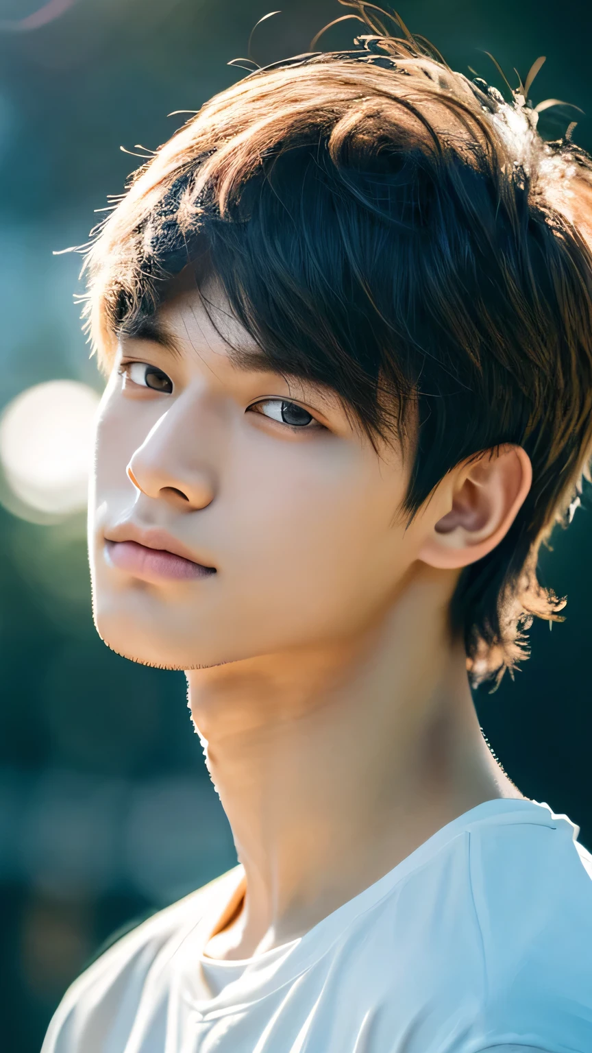 Highest quality, masterpiece, Ultra-high resolution, (Realistic: 1.4), Original photo, wallpaper, Head Photo, skin, Simple Background, Iris, detailed, Selfie, 1 boy, 18-year-old, good looking, Wind, rainbow