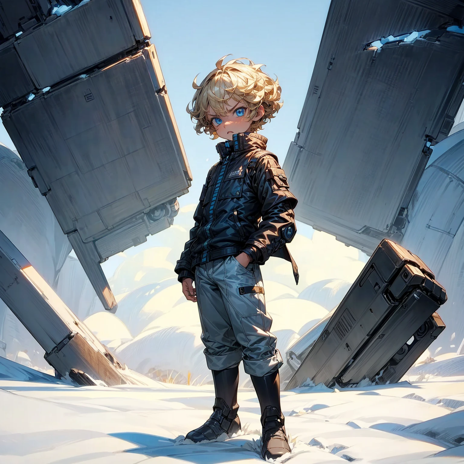 Ultra detailed, full background, Full body version, Grassroots, background in snow field, (solo, kid boy, cyborg, blue eyes, angry eyes, blonde color hair, short Curly hairstyle, pants, Boots), standing gesture, high angle view