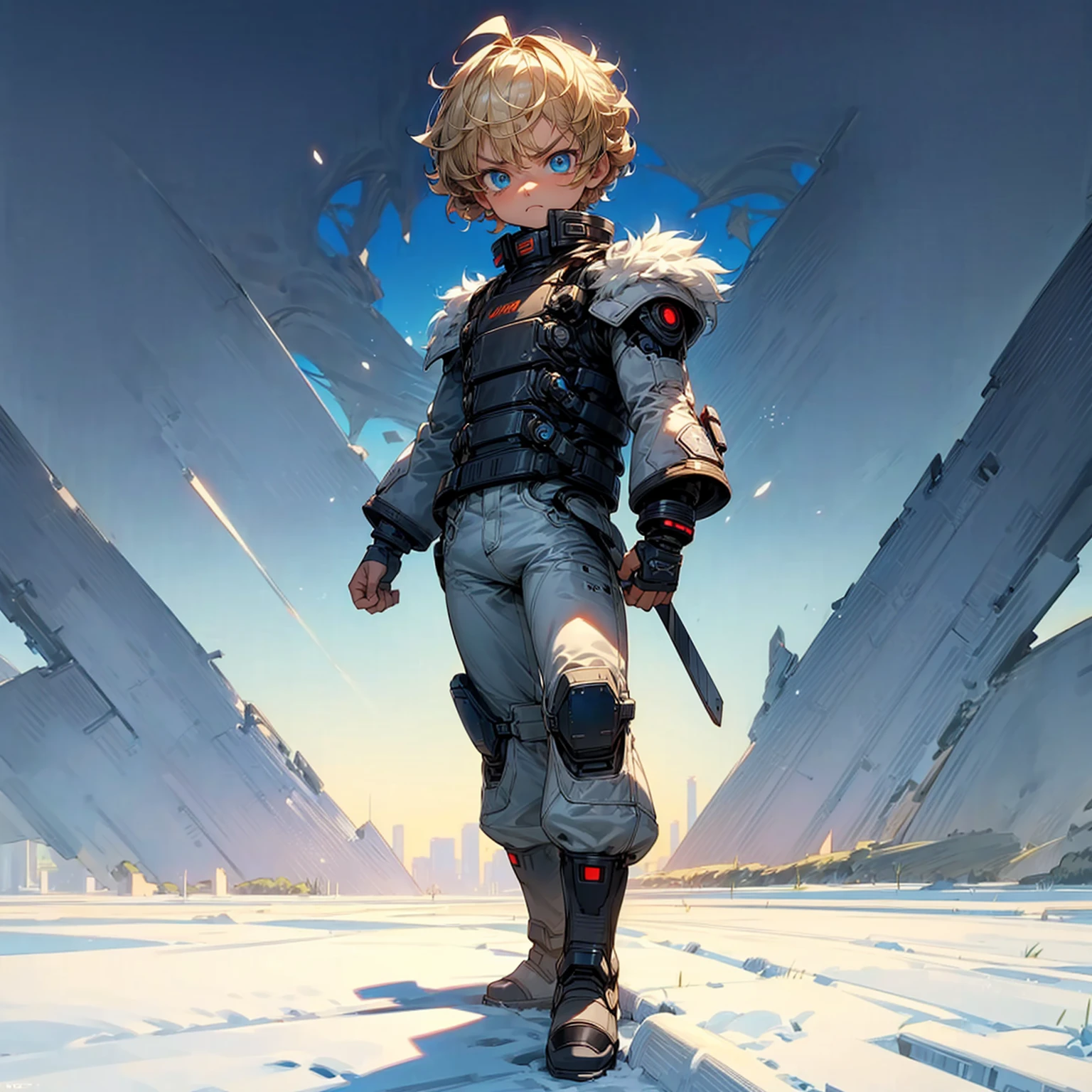 Ultra detailed, full background, Full body version, Grassroots, background in snow field, (solo, ??? boy, cyborg, blue eyes, angry eyes, blonde color hair, short Curly hairstyle, pants, Boots), standing gesture, high angle view 