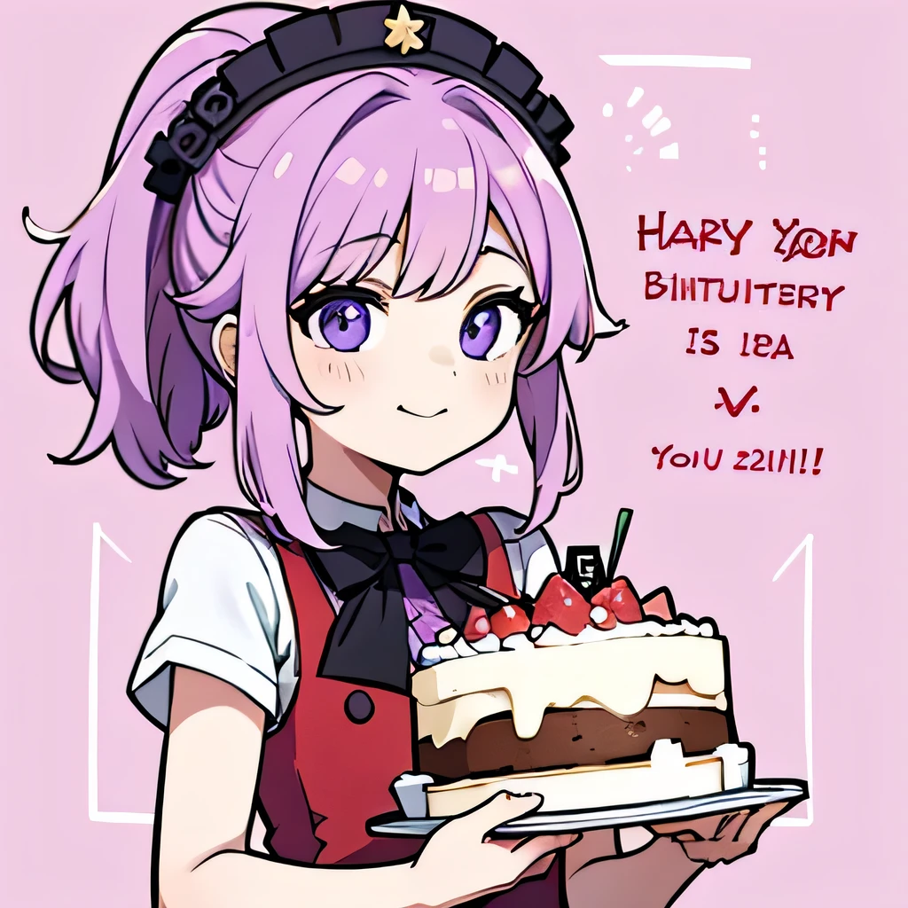 cheveux violets, style à le personnage Crunchyroll, avec fond blanc, c’est son anniversaire avec un gateau