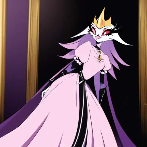 (best quality, masterpiece:1), furry female anthro stella, owl, portrait, Stella dress, white dress, black belt, pink beak, standing, gold crown, long skirt, cape, cloak, looking to the side, closed mouth, smile, wide-eyed, white pupils, elbow gloves, choker, sitting