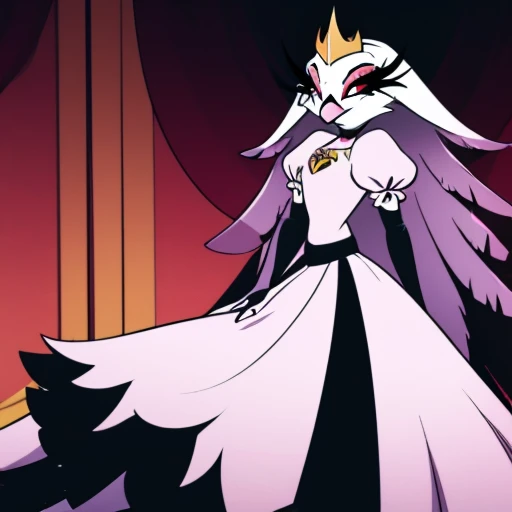 (best quality, masterpiece:1), furry female anthro stella, owl, portrait, Stella dress, white dress, black belt, pink beak,  standing, gold crown, long skirt, cape, cloak, looking to the side, closed mouth, smile, wide-eyed, white pupils, elbow gloves, choker, sitting 