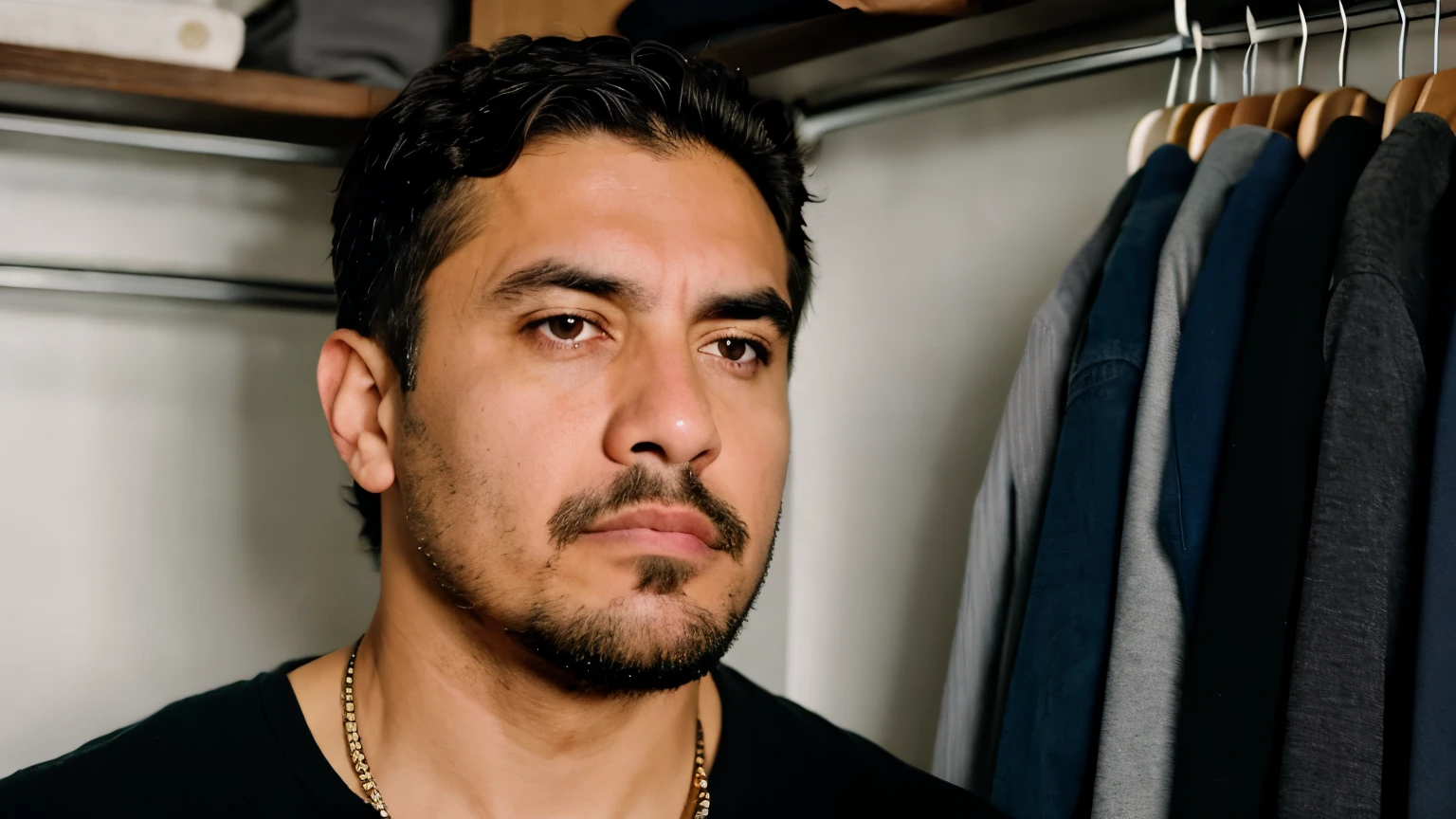 ((best qualityer)), ((work of art)), (detailded)/imagine prompt: Arturo, a man with an expression of anger and determination, is hidden in a closet in Matteo's office. He's watching through the crack in the door, while Matteo and Claudia argue animatedly. The office is dark and cluttered, with a sense of tension and secrecy. Arturo is paying attention to the conversation, with an expression of shock and fury. --seed 1798464125