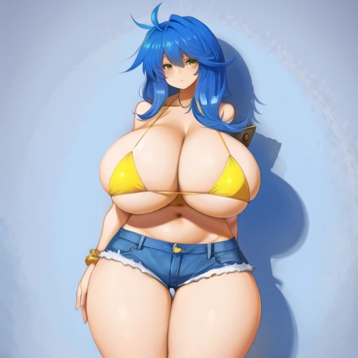 1 girl,huge breasts,bikini,thighs,thick thighs,Wide hips,denim shorts