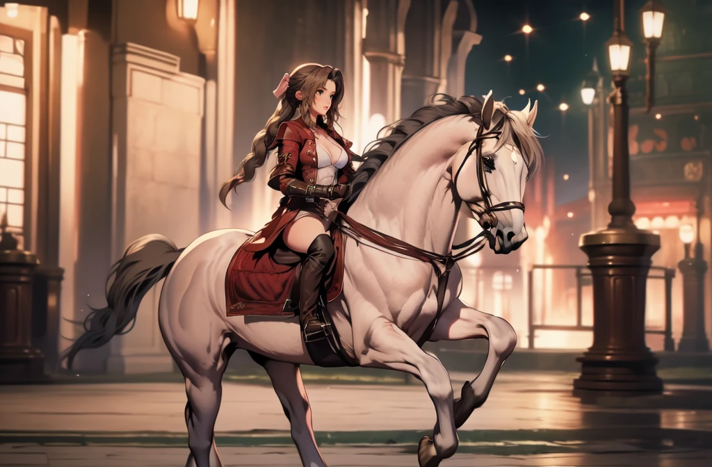 ((best quality)), ((anime masterpiece)), (high detailed), 8k, cinematic lighting, HDR, anime, vivid color, 20 years old female knight riding a WHITE HORSE in the riverbanks, (green eyes, brunette, medium breast, cleavage, red armor, white gauntlet, pink miniskirt, red pauldron, brown boots), (white horse, saddle, reins, stirups ), river, anatomically correct