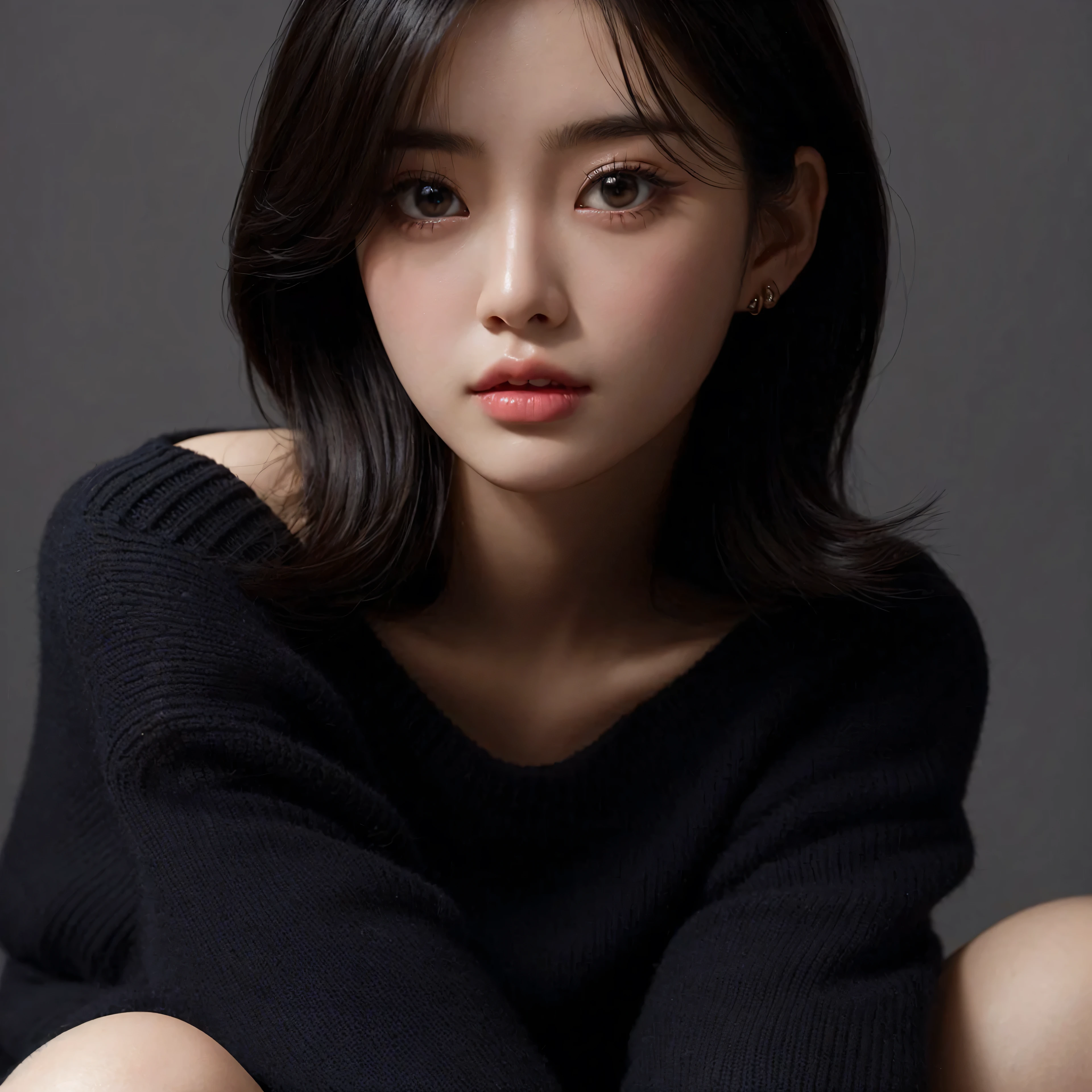 Create a realistic, UHD, 8K visual of a young korean woman, slightly overweight, full body Esbian, Black sweater, Kneeling, sitting down on the floor, extremely delicate face, Detailed eyes, very intricate, perfect glossy shiny skins, Perfect Lighting, Detailed Lighting, Dramatic shadows, Ray tracing,