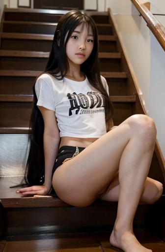 Japanese girl 10 yo, very long black hair, spreading her very long skinny legs, sitting on stairs, lifting shirt flashing chest, no panties, looking on camera, being ashamed