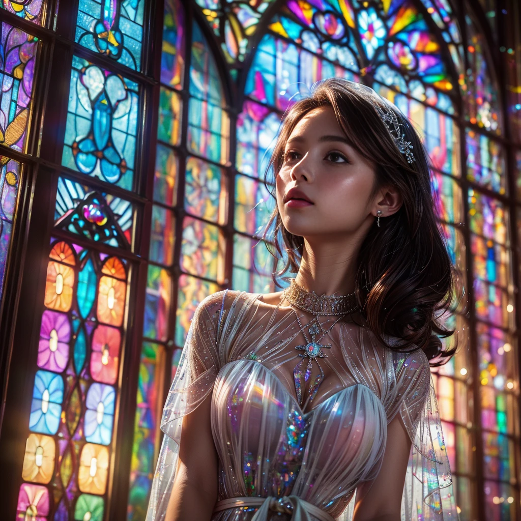 (Cathedral from below:1.28) (ZoomLayer) TopQuality 8K masterpiece of ((Professional photo)), (((Clarisse de Cagliostro))) (Detailed White WeddingDresses), Chain, (((Extremely detailed KAWAII face))) {((VeiledFace))|BlondeHair|(Elaborate BuleEyes)with(SparklingHighlights:1.28)}, The background is distant (((Elaborate stained glass))) Rainbow Glass, {(MysticSight)|EnchantingAtmosphere|Haze|(GodRays)|TyndallEffect}, Radiant PearlSkin with Transparency, (Exposed:0.39)