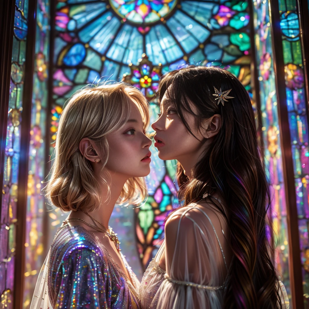  (Cathedral from below:1.28) (ZoomLayer) TopQuality 8K masterpiece of ((Professional photo)), (((Clarisse de Cagliostro))) (Detailed White WeddingDresses), Chain, (((Extremely detailed KAWAII face))) {((VeiledFace))|BlondeHair|(Elaborate BuleEyes)with(SparklingHighlights:1.28)}, The background is distant (((Elaborate stained glass))) Rainbow Glass, {(MysticSight)|EnchantingAtmosphere|Haze|(GodRays)|TyndallEffect}, Radiant PearlSkin with Transparency, (Exposed:0.39)