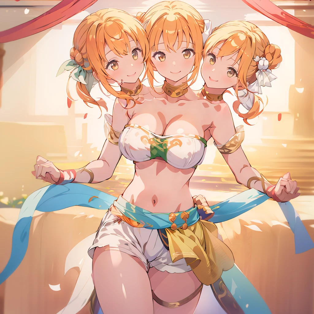 Masterpiece, (3heads:1.5), best quality, 1girl, huge tits, open breasts, smile, looking at viewer, larumfe, hair bun, midriff, hair ribbon, white shorts, field, dancer, standing, ribbon, (upper body), (cowboy shot)