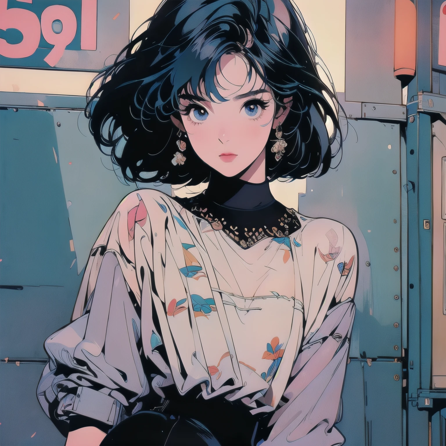 whole body, Upper Body、One beautiful woman, 4K, Warm colors , White blouse、skirt, pedestrian crossing、Signal, 、intersection、Complex background、Blue Hair、Detailed Hair、mysterious、Highest quality、Detailed Hair、Perfect Face、Showa poster、Faint lighting、Sparkling Eyes、A variety of unique hairstyles、Different angles、Short Hair